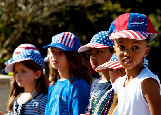 Eglin Elementary students prepare to sing a song honoring veterans during the annual Veteran's Day ceremony at the All Wars Memorial Nov. 8 at Eglin Air Force Base, Fla. More than 400 students attended the ceremony. (U.S. Air Force photo/Sachel Seabrook) 