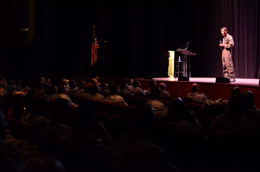 Colonel Steven J. Butow, 129th Rescue Wing Commander, addresses members of the 129th Rescue Wing during a mass training event at the San Jose Performing Arts Center, Nov. 6, 2011. (Air National Guard photo by Airman 1st Class John Pharr) 