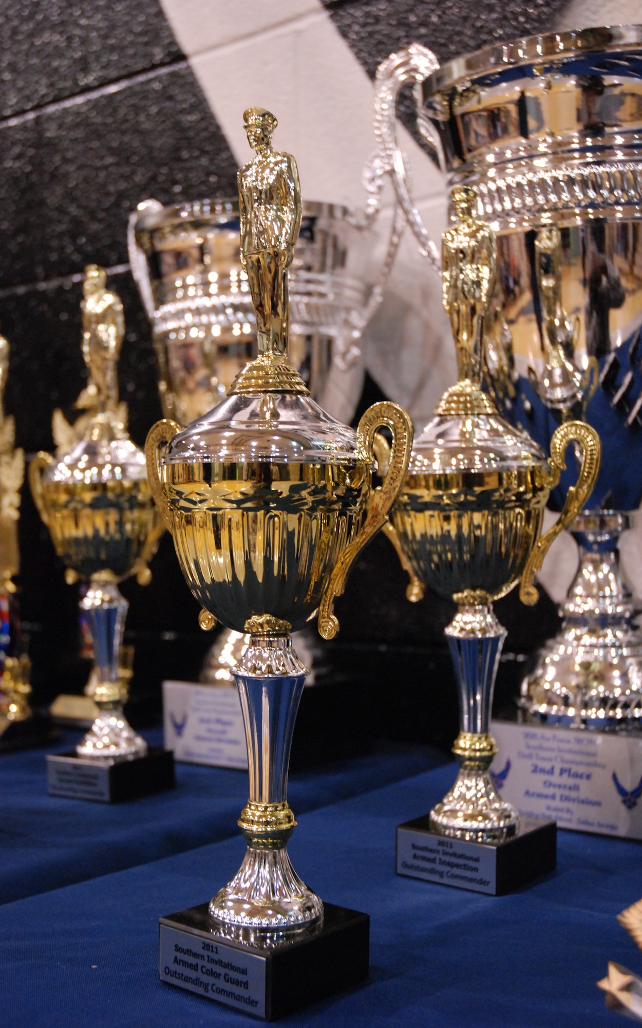 More than 50 trophies were presented at the Southern Invitational Drill Team Championship on Nov. 5 at East Paulding High School.  Overall champions' trophies were presented for first, second and third place for the Armed and Unarmed Divisions.  First thru fifth place trophies were presented for each category under the Armed and Unarmed Divisions.  (U.S. Air Force photo/Master Sgt. Stan Coleman)