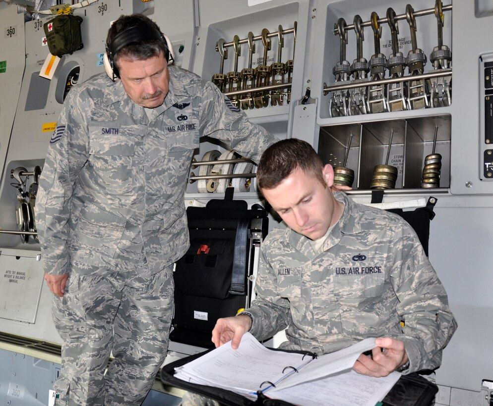 Tech. Sgt. Robin Smith (left) and Staff Sgt. Pat Allen, both with the 446th Aircraft Maintenance Squadron, McChord Field, Wash., review technical orders before perfoming maintenance on a C-17 Globemaster III trainer during the Reserve weekend, Nov. 8, 2011. Smith has been a Reservist for 17 years and has spent seven with the 446th AW. As a civilian, he?s been a functional test team lead with Boeing for 23 years. All six of Allen?s years in the military have been with the 446th AW. Along with being a full-time student at the University of Washington, he?s an aircraft mechanic with Horizon Air. Both recently deployed to Kuwait last year. (U.S. Air Force photo/Master Sgt. Jake Chappelle)