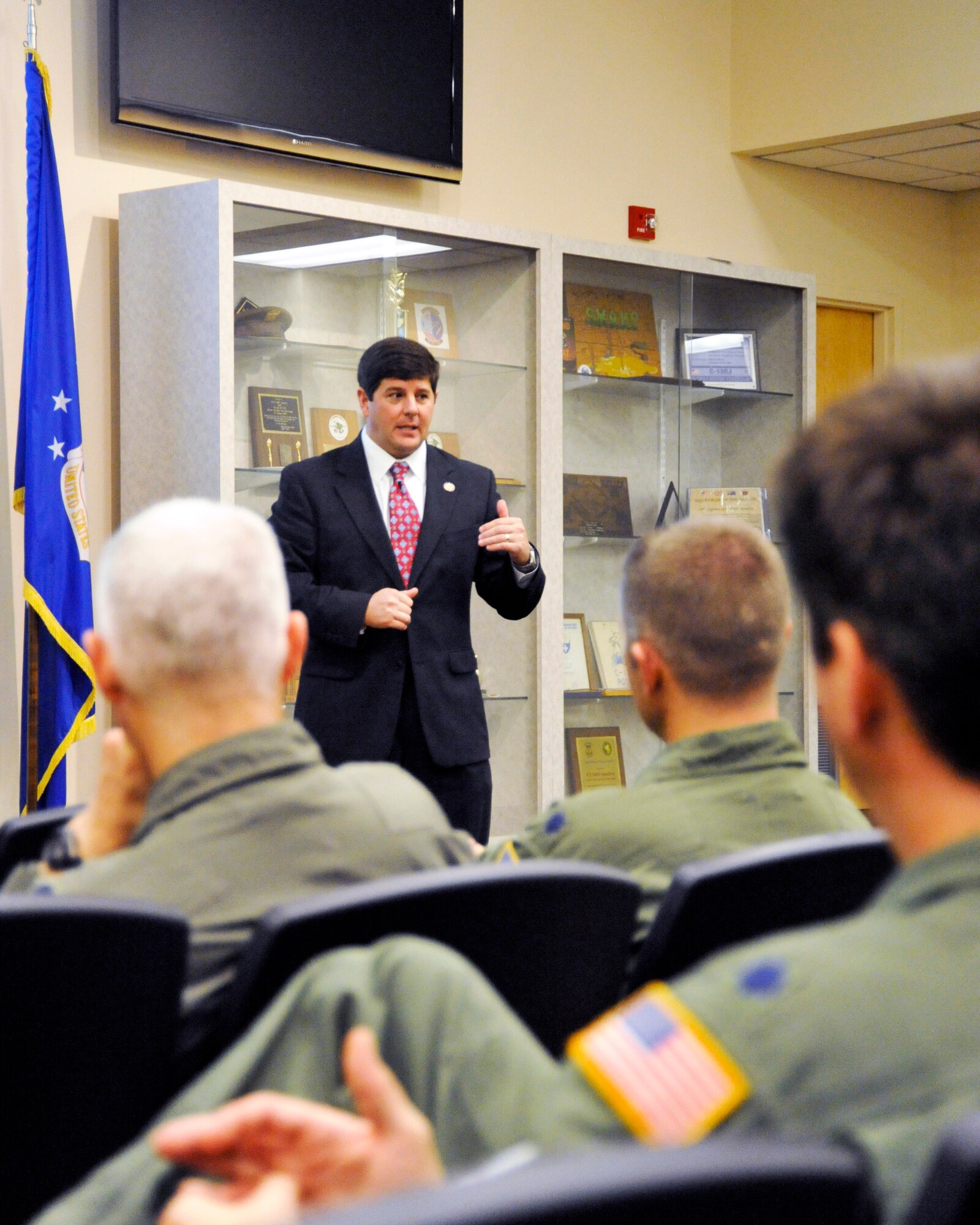 Mississippi Congressman Steven Palazzo addresses members of the 403rd Wing during his visit to Keesler AFB Nov. 8. "I support everything that you all are doing down here," said Palazzo. "This [visit] is really educational, from the mission to meeting the people." The congressman also met with members of the 81st Training Wing during his visit. (U.S. Air Force photo by Maj. Heather Newcomb)