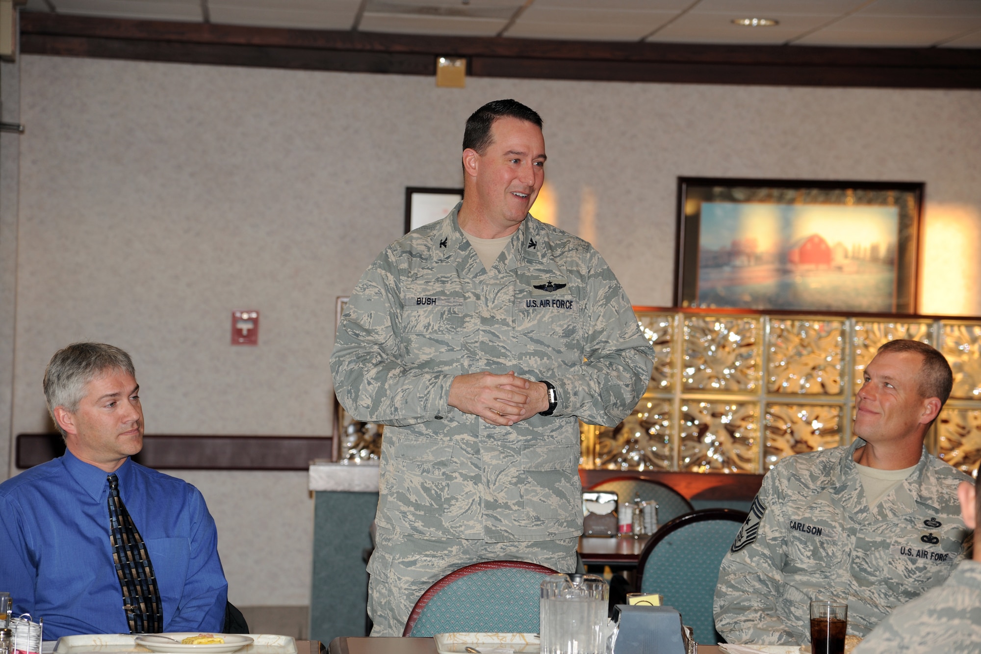 Col. Tim Bush, 319th Air Base Wing commander, speaks to members of the U.S. Air Force about the importance of donating to the Combined Federal Campaign on Nov. 8 at Grand Forks Air Force Base, N.D.  Last year the campaign raised nearly $241,000 and allowed donors to choose from more than 3,000 charities. This year's goal for Grand Forks AFB is $50,000. (U.S. Air Force Photo by Airman 1st Class Ashley N. Taylor)
