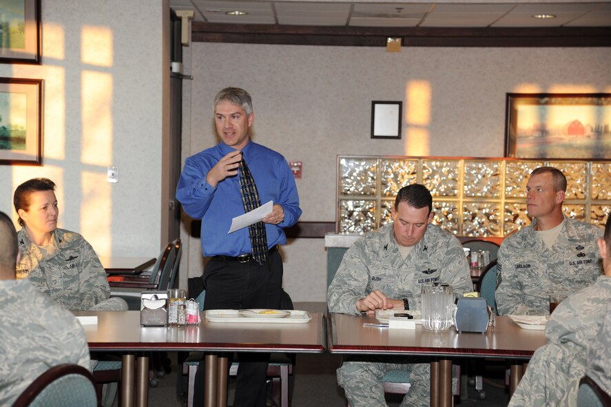 Shaun Havis - of the United Way of Grand Forks, East Grand Forks and Area - speaks to members of the 319th Air Base Wing about the benefits of donating to the Combined Federal Campaign of the Red River Valley on Nov. 8 at Grand Forks Air Force Base, N.D.  Last year the campaign raised nearly $241,000 and allowed donors to choose from more than 3,000 charities.  This year's goal for Grand Forks AFB is $50,000.  (U.S. Air Force Photo by Airman 1st Class Ashley N. Taylor)
