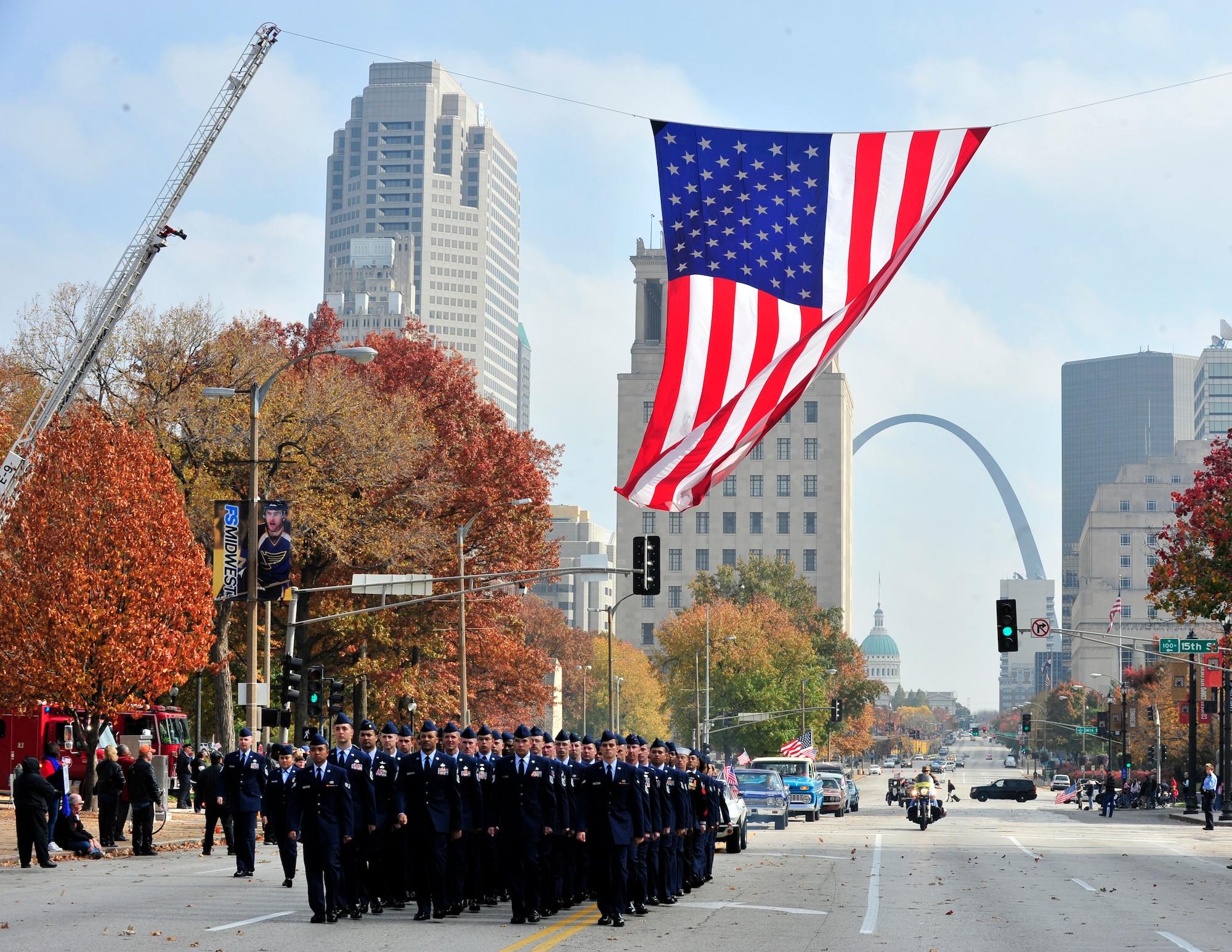 Team Scott members march in formation during the 2011 St. Louis Veterans Day parade Nov. 5. The parade featured representatives from all services. (U.S. Air Force photo/ Staff Sgt. Stephenie Wade)