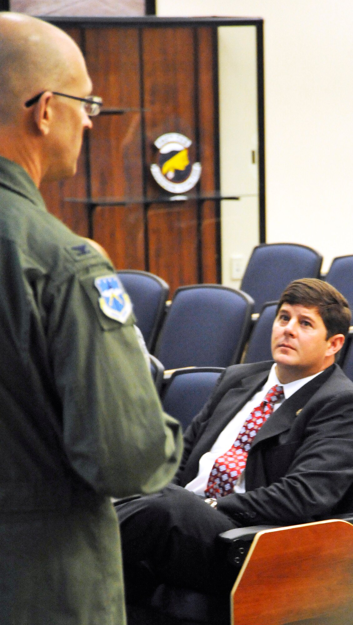 Mississippi Congressman Steven Palazzo receives a briefing from Col. Jay Jensen, 403rd Wing commander, during his visit to Keesler AFB, Nov. 8. (U.S. Air Force photo by Maj. Heather Newcomb)