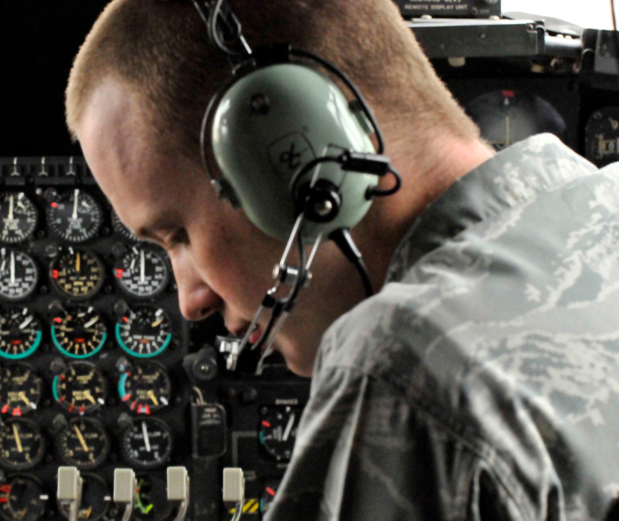 PATRICK AIR FORCE BASE, Fla. - Staff Sgt. Luke Turnage, 920th Rescue Wing Maintenance Airman, runs an operation check prior to the HC-130 King aircraft taking off for the Cocoa Beach Air Show Nov. 4-5. (U.S. Air Force Photo/Capt. Ryan Liss)
