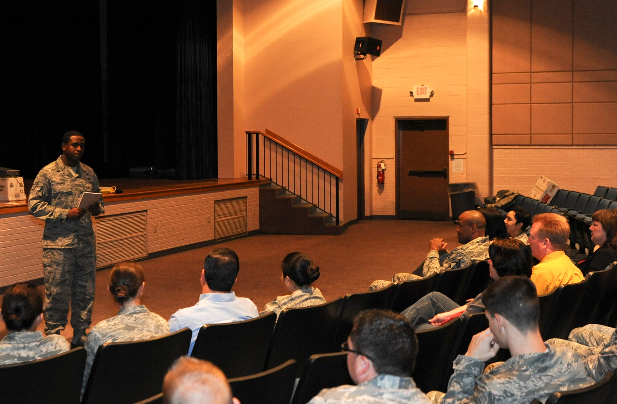 Staff Sgt. Alfonte Thomas, Defense Biometric Identification System program manager, briefs members of the 22nd Force Support Squadron on the implementation of the new DBIDS 4.0 version Nov. 8, 2011, McConnell Air Force, Kan. DBIDS is a Department of Defense initiative to manage personnel, property and installation access. (U.S. Air Force photo/ Airman 1st Class Laura L. Valentine)