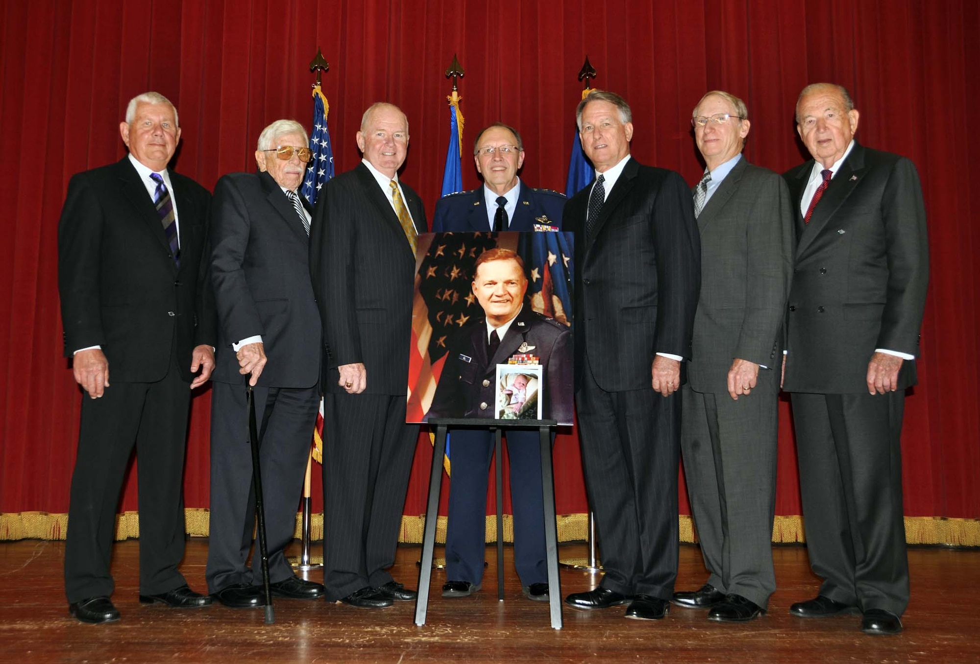 Lt. Gen. Charles Stenner, Chief of Air Force Reserve and Commander, Air Force Reserve Command and six former AFRC commanders attended a Nov. 6 memorial service held at March ARB for former AFRC commander Maj. Gen. Sloan R. Gill.  This was the largest gathering of AFRC commanders in history.  From left retired Maj. Gen. William Lyon, retired Maj. Gen. Homer Lewis, retired Lt. Gen. James Sherrard, Stenner, retired Lt. Gen. John Bradley, retired Maj. Gen. Robert McIntosh and retired Maj. Gen. Roger Scheer.  (U.S. Air Force photo/Master Sgt. Linda Welz