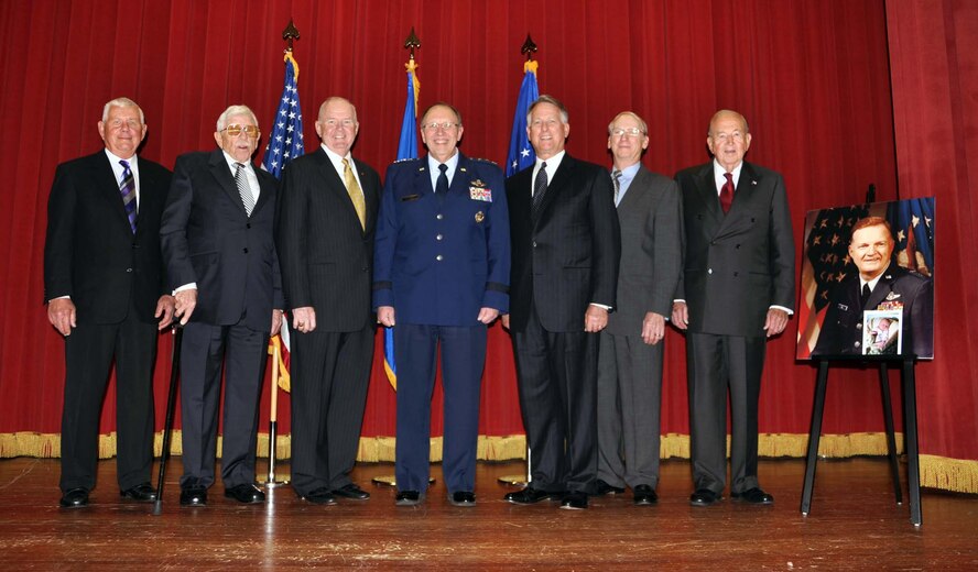 Lt. Gen. Charles Stenner, Chief of Air Force Reserve and Commander, Air Force Reserve Command and six former AFRC commanders attended a Nov. 6 memorial service held at March ARB for former AFRC commander Maj. Gen. Sloan R. Gill.  This was the largest gathering of AFRC commanders in history.  From left retired Maj. Gen. William Lyon, retired Maj. Gen. Homer Lewis, retired Lt. Gen. James Sherrard, Stenner, retired Lt. Gen. John Bradley, retired Maj. Gen. Robert McIntosh and retired Maj. Gen. Roger Scheer.  (U.S. Air Force photo/Master Sgt. Linda Welz)