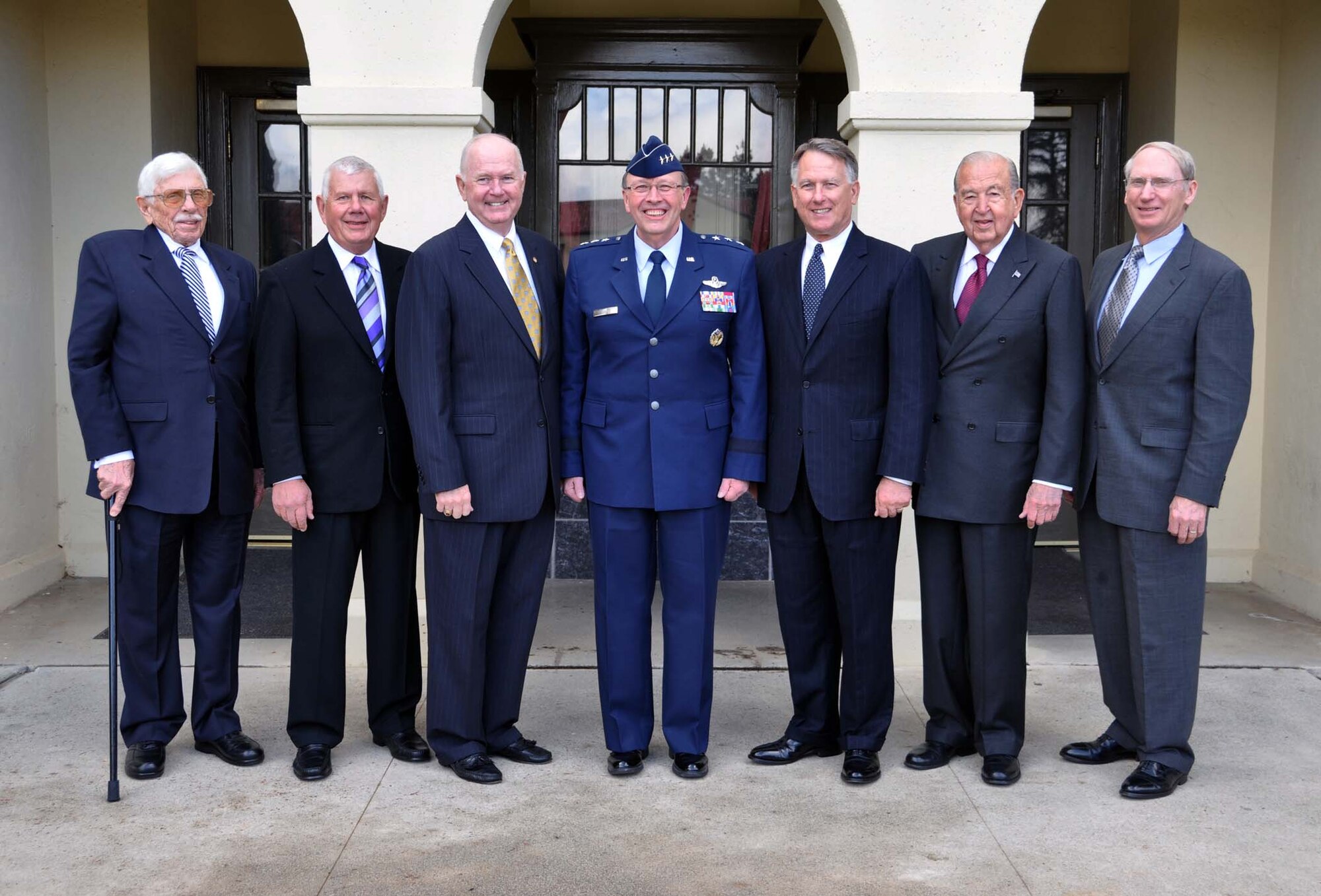 Lt. Gen. Charles Stenner, Chief of Air Force Reserve and Commander, Air Force Reserve Command and six former AFRC commanders attended a Nov. 6 memorial service held at March ARB for former AFRC commander Maj. Gen. Sloan R. Gill.  This was the largest gathering of AFRC commanders in history.  From left retired Maj. Gen. William Lyon, retired Maj. Gen. Homer Lewis, retired Lt. Gen. James Sherrard, Stenner, retired Lt. Gen. John Bradley, retired Maj. Gen. Robert McIntosh and retired Maj. Gen. Roger Scheer.  (U.S. Air Force photo/Master Sgt. Linda Welz)