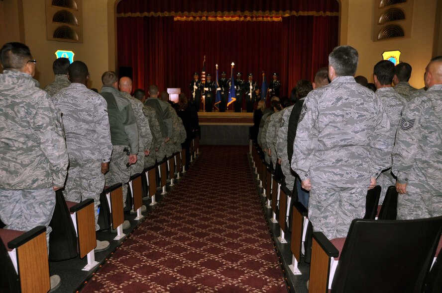 Members of the Blue Eagle’s Total Force Honor Guard present the colors at the Nov. 6 memorial service held at March Air Reserve Base, Calif., for retired Maj. Gen. Sloan R. Gill, former chief of the Air Force Reserve and former commander of Air Force Reserve Command, who passed away Aug. 22, 2011, at the age of 81.  The memorial was attended by family, friends, Lt. Gen. Charles Stenner, current AFRC commander and six former AFRC commanders.  (U.S. Air Force photo/Master Sgt. Linda Welz)