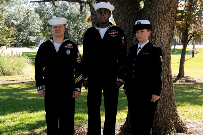 Congratulations to Naval Support Activity Sailor of the Year Petty Officer 1st Class Jacob Moore (left), Junior Sailor of the Year Petty Officer 2nd Class Eugene Smith and Blue Jacket of the Quarter, Petty Officer 3rd Class Rebecca Armstrong. Moore was also named as the NSA Sailor of the Quarter and Smith was named NSA Junior Sailor of the Quarter. Moore is a Master at Arms assigned to the 628th Security Forces Squadron, Smith is an Information Systems Technician assigned to NSA and Armstrong is an Electrician’s Mate assigned to NSA. Petty officer 3rd Class Eric Martin, not pictured, was also named the NSA Blue Jacket of the year and is a Machinist’s Mate assigned to NSA. (U.S. Navy photo/Petty Officer 1st Class Jennifer Hudson)