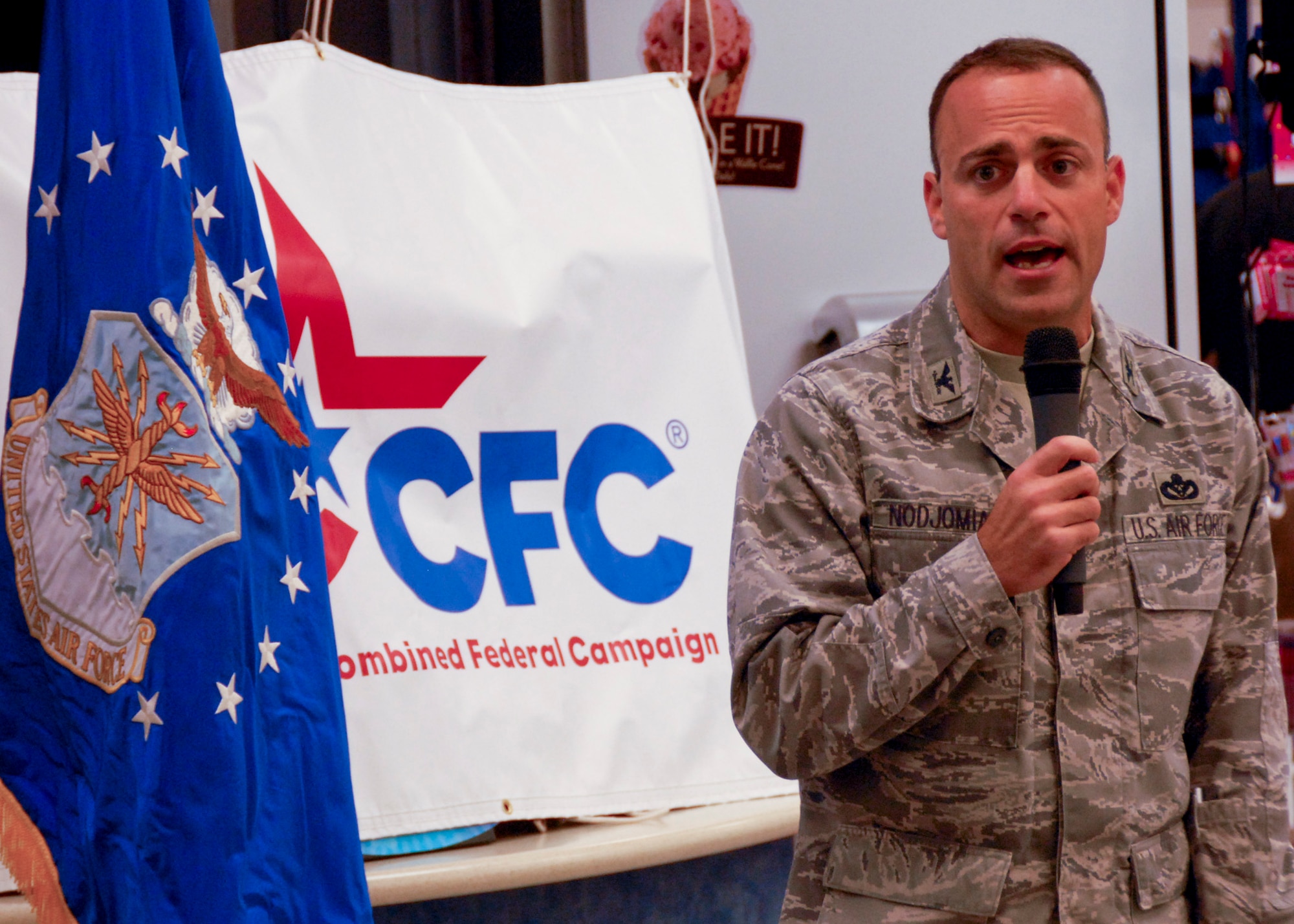 Col. Sal Nodjomian, 96th Air Base Wing commander, motivates the Combined Federal Campaign workers at Eglin’s CFC mid-point rally Nov. 2.  The base is currently at approximately $560,000 with 27 percent participation.  The base goal is $750,000 with 50 percent participation.  The squadron workers have reached an important goal of 100 percent contact of everyone on Eglin.  For more information, or to donate speak to your squadron representative or call 882-0654.  (U.S. Air Force photo/Randy Gon.)