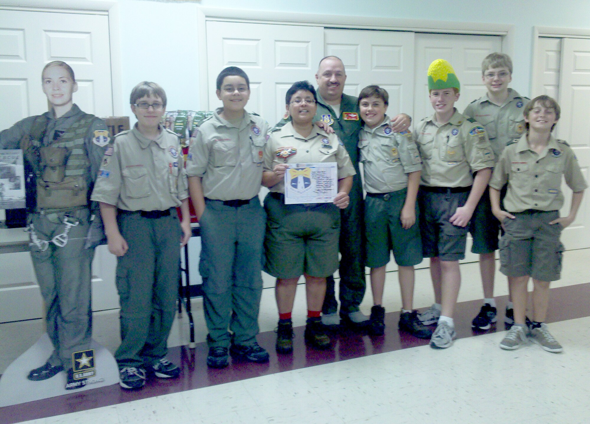 PATRICK AIR FORCE BASE, Fla. -  Local Melbourne Florida Boy Scout Troop 300 adopts the Air Force Reserve's 920th Rescue Wing here as the recipient of their most recent endeavor, Operation Popcorn. The boys collected funds to donate the snacks to deployed Airmen of the Wing. The first installment of popcorn will go to combat rescue Airmen from the 920th serving in Afghanistan. (U.S. Air Force photo/Capt. Cathleen Snow).