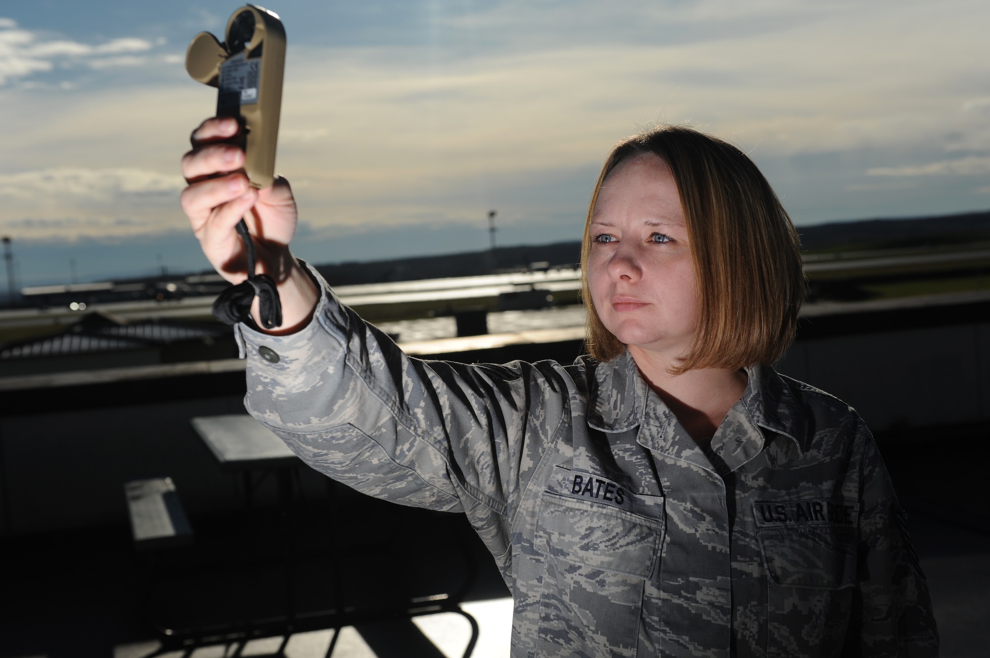 SPANGDAHLEM AIR BASE, Germany – Tech. Sgt. Sandy Bates, 52nd Operations Support Squadron weather technician, uses a Kestrel hand-held weather gauge to monitor wind speeds and visibility here Nov. 4. The 52nd OSS Weather Flight received an “Excellent” rating on its Standardization and Evaluation Program for Weather Operations inspection after demonstrating their ability to provide safe and efficient air-traffic service to the 52nd Fighter Wing and 726th Air Mobility Squadron. (U.S. Air Force photo/Airman 1st Class Matthew B. Fredericks)