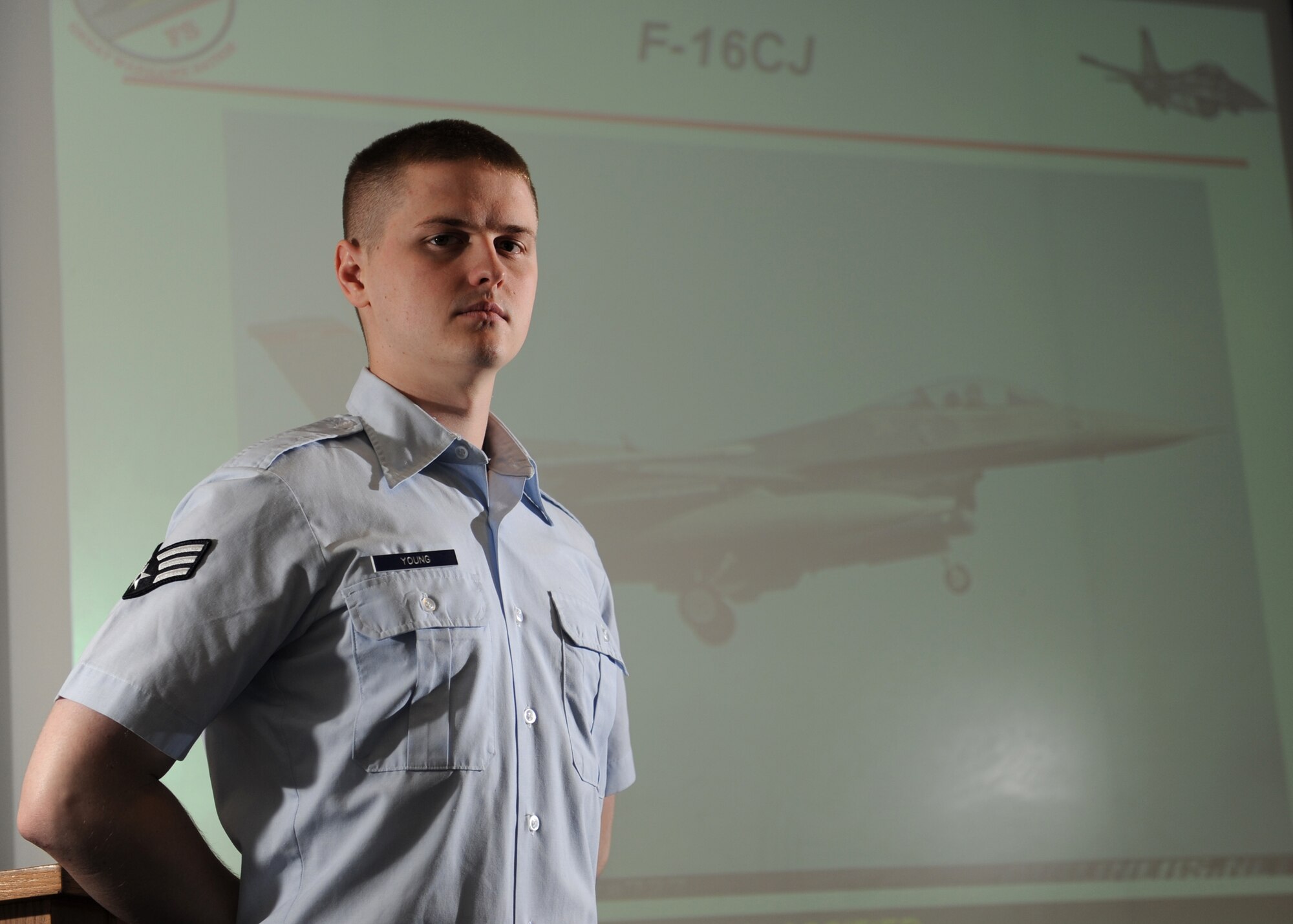 SPANGDAHLEM AIR BASE, Germany -- Senior Airman Jeremy Young, 480th Fighter Squadron intelligence analyst, is the Super Saber Performer for the week of Nov. 11 - 17. (U.S. Air Force photo/Senior Airman Christopher Toon)