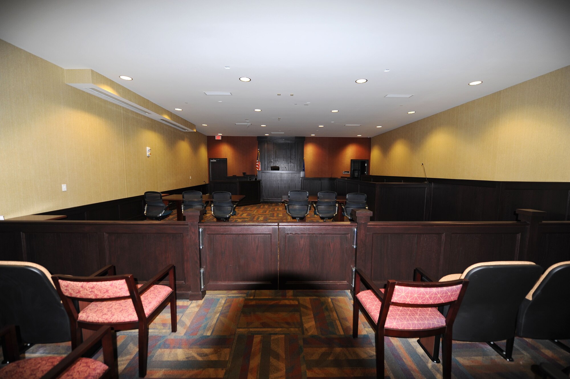 The new Legal office courtroom located in the Mission Support Group consolidated support center provides a new highly professional look. The new courtroom is a state of the art facility that will improve the legal office day-to-day operations.  (U.S. Air Force photo by Senior Airman Gino Reyes)