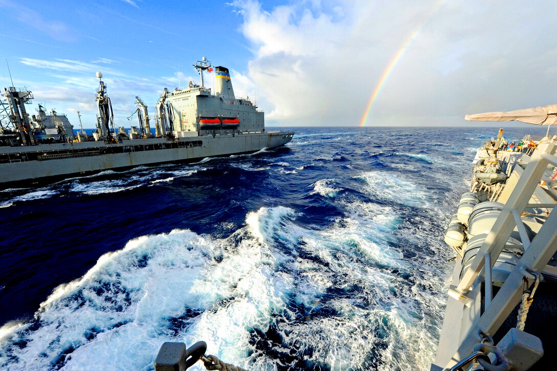 The Military Sealift Command fleet replenishment oiler USNS Walter S. Diehl transits alongside the USS Wayne E. Meyer during a replenishment at sea in the Pacific Ocean, Nov. 1, 2011. The Wayne E. Meyer is deployed to the U.S. 7th Fleet area of responsibility conducting maritime security operations.