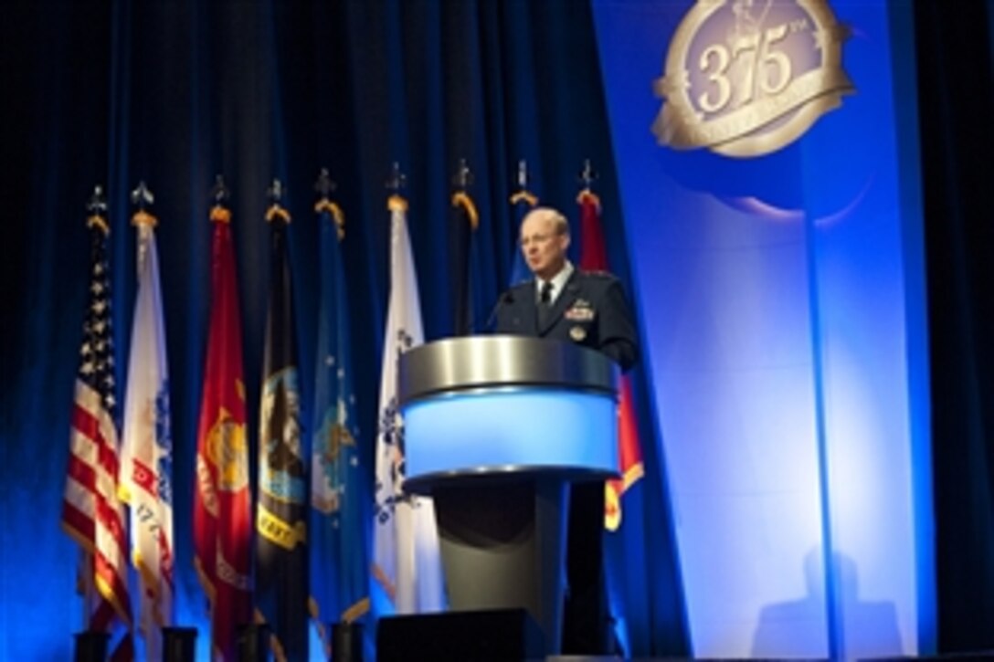 Air Force Gen. Craig R. Mckinley, chief of the National Guard Bureau, introduces Defense Secretary Leon E. Panetta at the National Guard Joint Leadership Conference in National Harbor, Md., Nov. 8, 2011. 