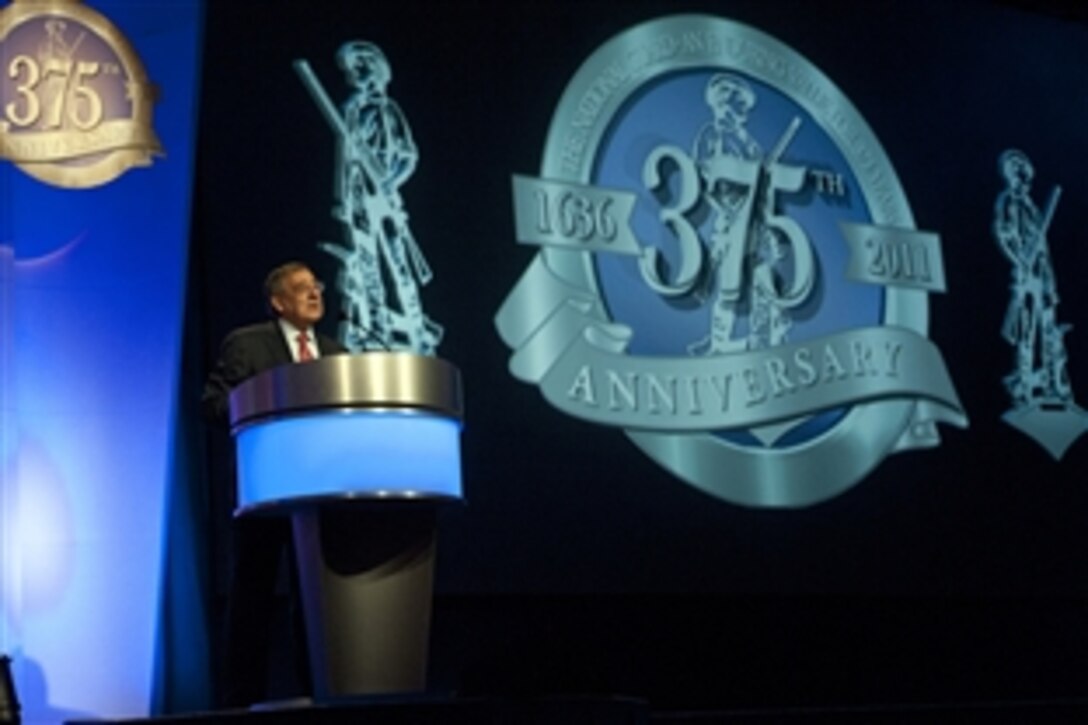 Defense Secretary Leon E. Panetta speaks at the National Guard Joint Leadership Conference in National Harbor, Md., Nov. 8, 2011. Panetta highlighted the National Guard's diverse missions and capabilities and it's importance to the country.