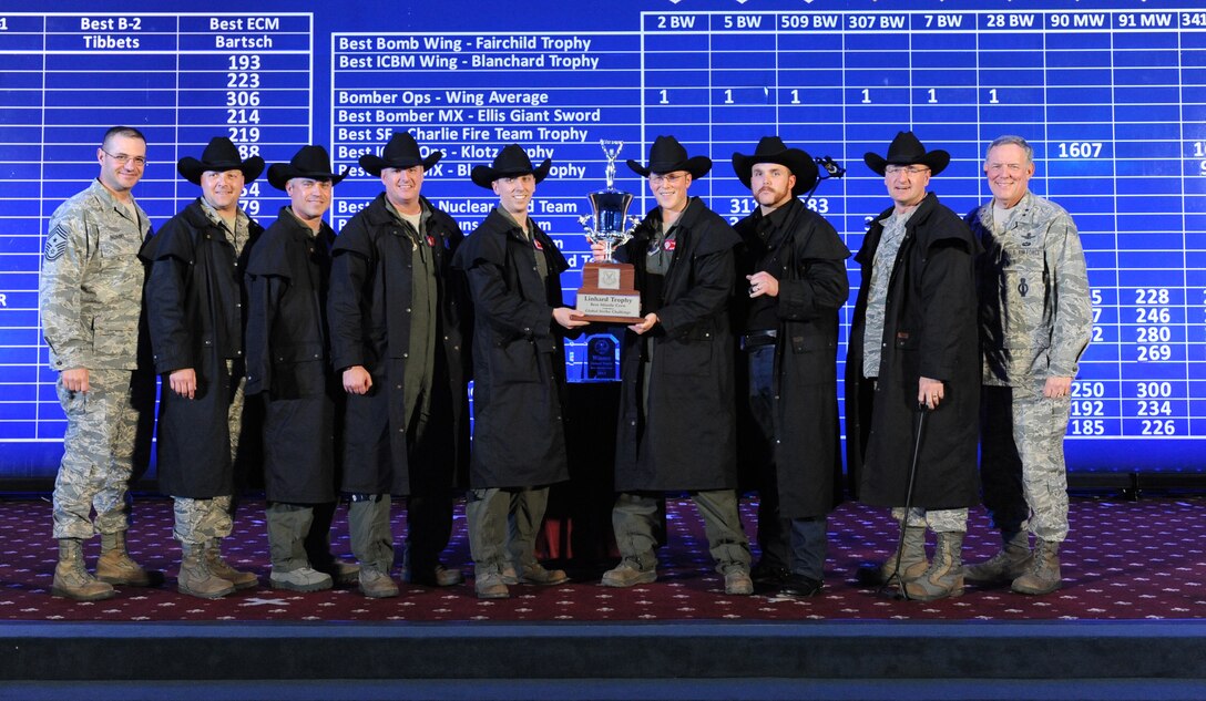 BARKSDALE AFB, La. - The 319th Missile Squadron from F.E. Warren AFB, Wyo., was awarded the Linhard Trophy for Best ICBM Ops Crew during the second night of the Global Strike Challenge score posting at Barksdale Air Force Base, La., Nov. 9. Global Strike Challenge is an amalgam of the best of the historic bomb competition and the former missile competition held under previous major commands that owned the missile and bomber missions at the time. Global Strike Challenge is unique when compared to those competitions because it includes operations, maintenance and security force participants from both the missile and bomber communities under the 2-year-old Air Force Global Strike Command. It also welcomes teams and weapon systems from other major commands. (U.S. Air Force photo by Airman 1st Class Micaiah Anthony)