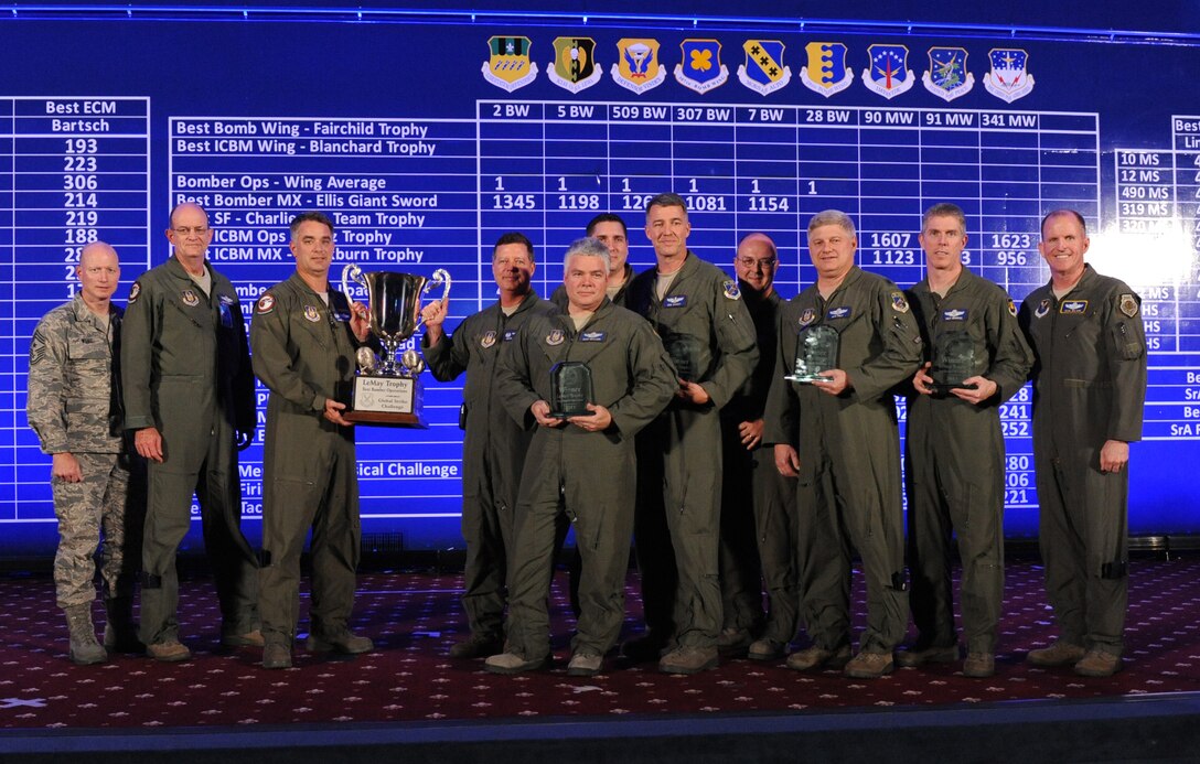 BARKSDALE AFB, La. - The 93rd Bomb Squadron from Barksdale AFB, La., was awarded the LeMay Trophy for Best Bomb Squadron during the second night of the Global Strike Challenge score posting at Barksdale Air Force Base, La., Nov. 9. Global Strike Challenge is an amalgam of the best of the historic bomb competition and the former missile competition held under previous major commands that owned the missile and bomber missions at the time. Global Strike Challenge is unique when compared to those competitions because it includes operations, maintenance and security force participants from both the missile and bomber communities under the 2-year-old Air Force Global Strike Command. It also welcomes teams and weapon systems from other major commands. (U.S. Air Force photo by Airman 1st Class Micaiah Anthony)