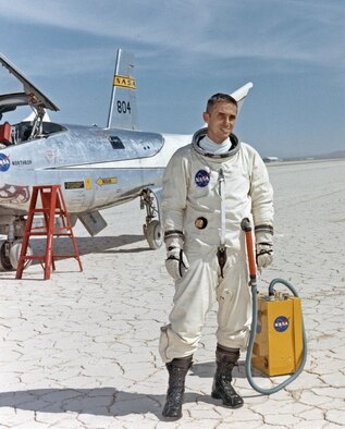 NASA test pilot John A. Manke, shown here in August 1959 with the HL-10 lifting body. Manke made the first successful rocket-powered flight of the HL-10 on November 13, 1968, attaining Mach 0.80 at 43,000 ft. (Photo courtesy of NASA Dryden Flight Research Center)