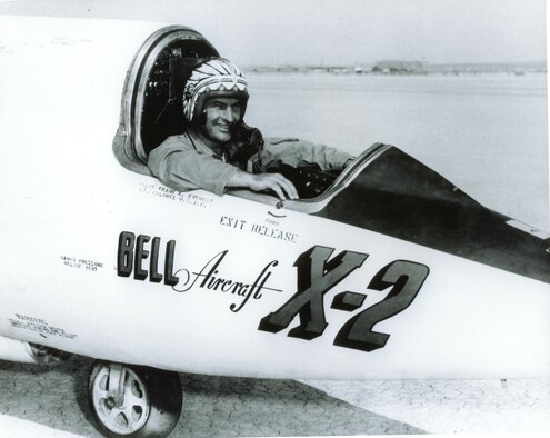 Lt. Col. Frank K. “Pete” Everest, Chief of the Flight Test Operations Division at Edwards from 1950-1956, shown here in the rocket-powered Bell X-2 research aircraft. Everest made the first powered flight of the X-2 on November 18, 1955, and completed eight of the nine total powered X-2 flights. Everest’s status as the “Chief” of Air Force flight test was denoted by the headdress painted on his helmet. (Photo courtesy of AFFTC History Office) 

