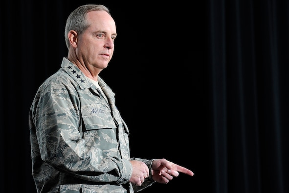 Gen. Mark Welsh III speaks to Air Force Academy cadets in the Academy's Arnold Hall Theater Nov. 1, 2011. Welsh, the commander of U.S. Air Forces in Europe and a 1976 Academy graduate, told cadets they would make a difference as Air Force officers and shared with them what the Air Force would expect after they graduated. (U.S. Air Force photo/Sarah Chambers)