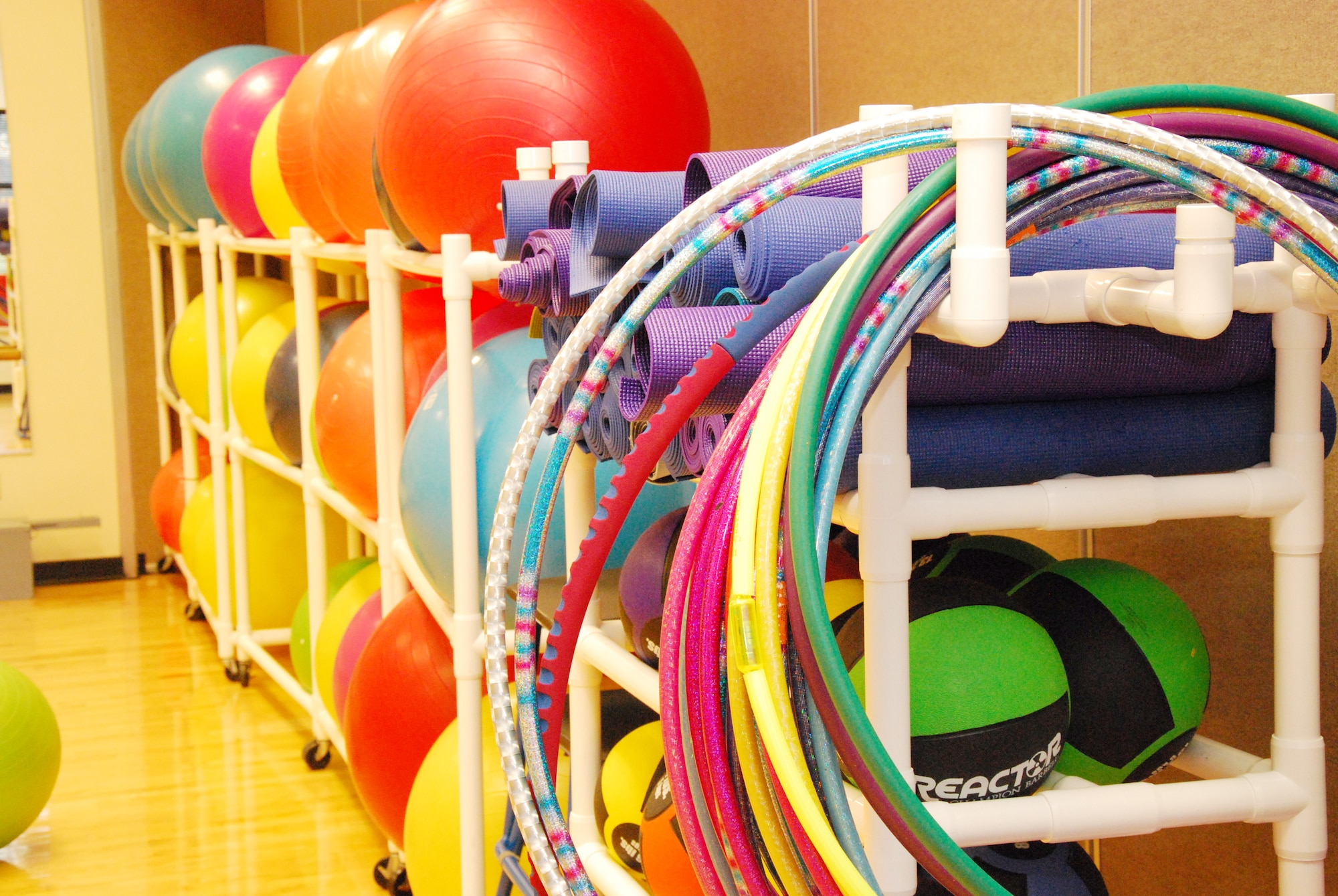 New gym equipment at Pitsenbarger Fitness Center, Sheppard Air Force Base, includes aerobics items such as medicine balls and beauty bells. Gym equipment at Pitsenbarger and Levitow fitness centers is being replaced in a five-phase process that began in September and will conclude in December. (U.S. Air Force photo/Capt. Brittany Martin)