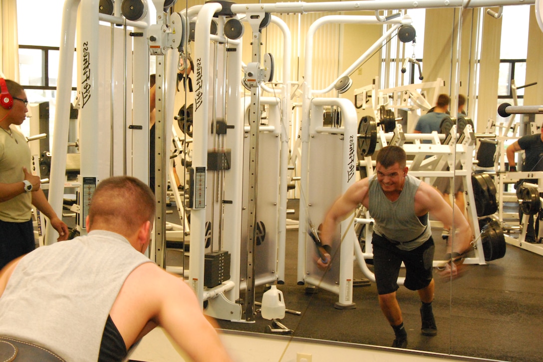 A Sheppard Airman works out on new gym equipment at Pitsenbarger Fitness Center, Sheppard Air Force Base, Texas, Nov. 8, 2011. Gym equipment at Pitsenbarger and Levitow fitness centers is being replaced in a five-phase process that began in September and will conclude in December. (U.S. Air Force photo/Capt. Brittany Martin)