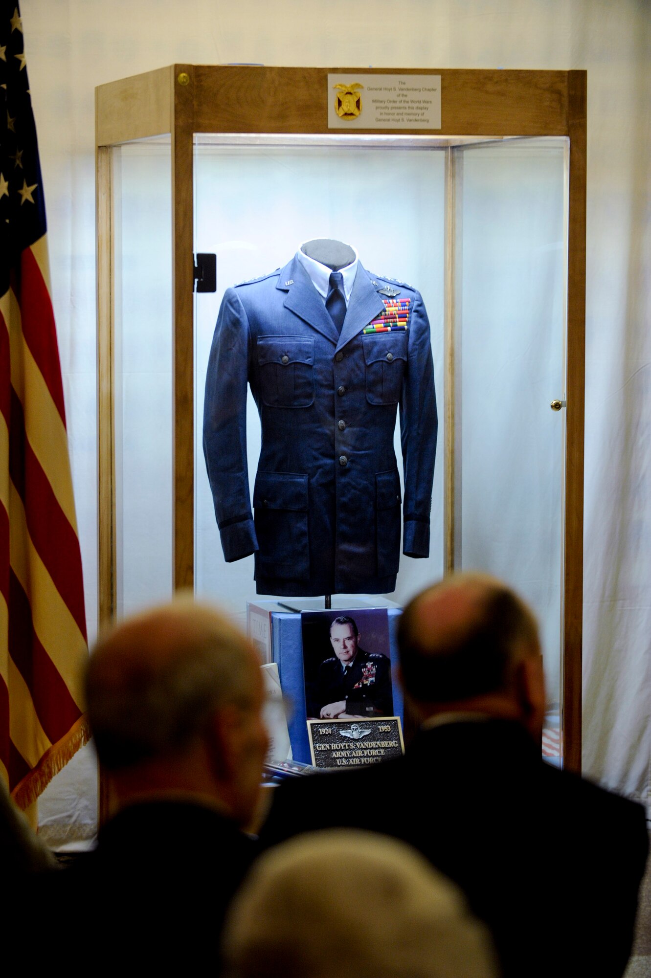 VANDENBERG AIR FORCE BASE, Calif. -- The Gen. Hoyt S. Vandenberg display is unveiled at the Central Coast Veterans Memorial Museum in San Luis Obispo, Calif., Tuesday, Nov. 8, 2011. Maj. Gen. Hoyt S. Vandenberg Jr. donated his father's uniform items to the Vandenberg chapter of the Military Order of World War who then loaned the items to the museum for permanent display. Gen. Vandenberg was the Air Force's second Chief of Staff, is known for officially authorizing the Air Force's blue service dress and has Vandenberg Air Force Base named after him. (U.S. Air Force photo/Staff Sgt. Levi Riendeau)

