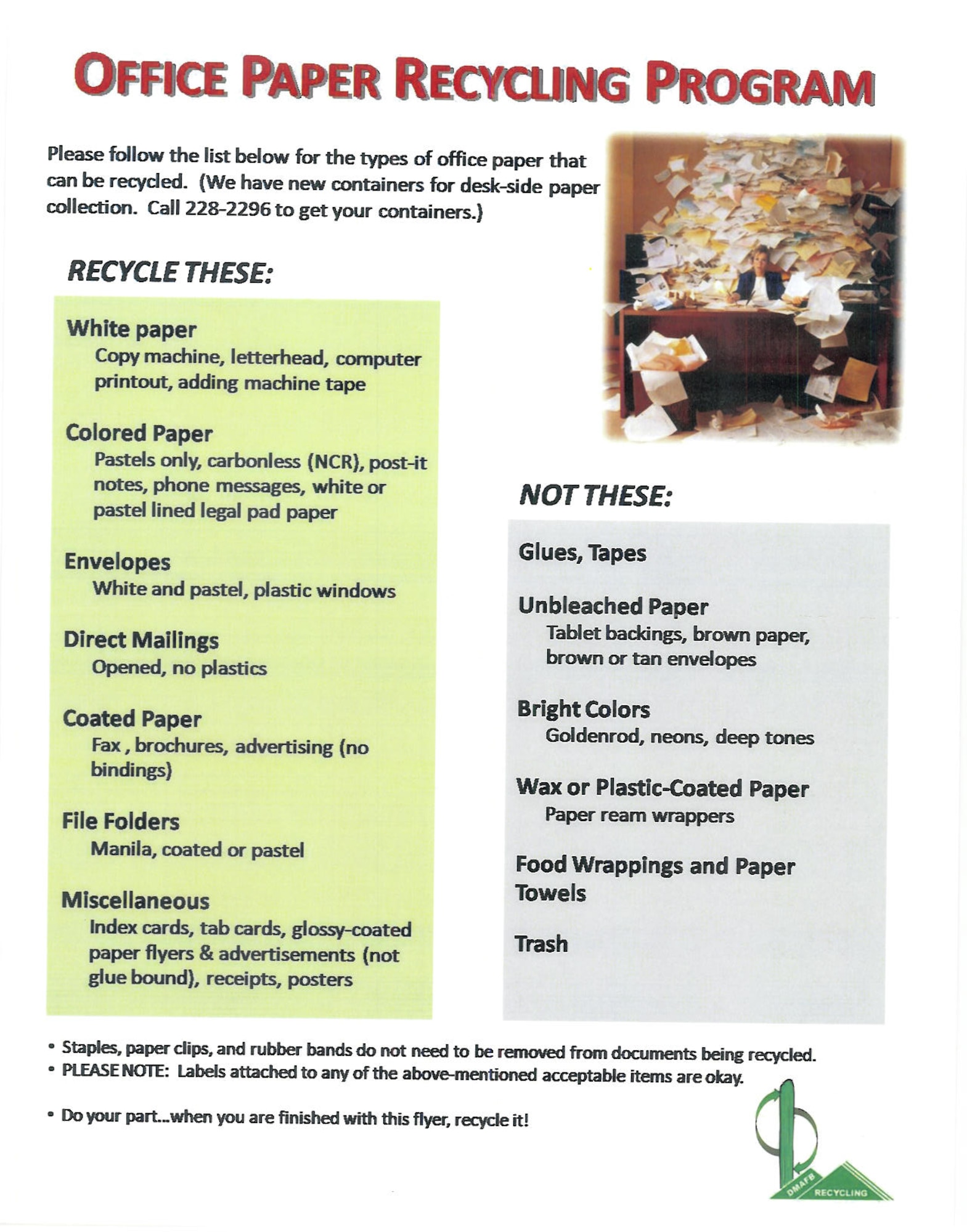 This handout lists the types of office paper that can be recycled at the recycling center at Davis-Monthan Air Force Base, Ariz. (Handout courtesy of Joe Uremovich)