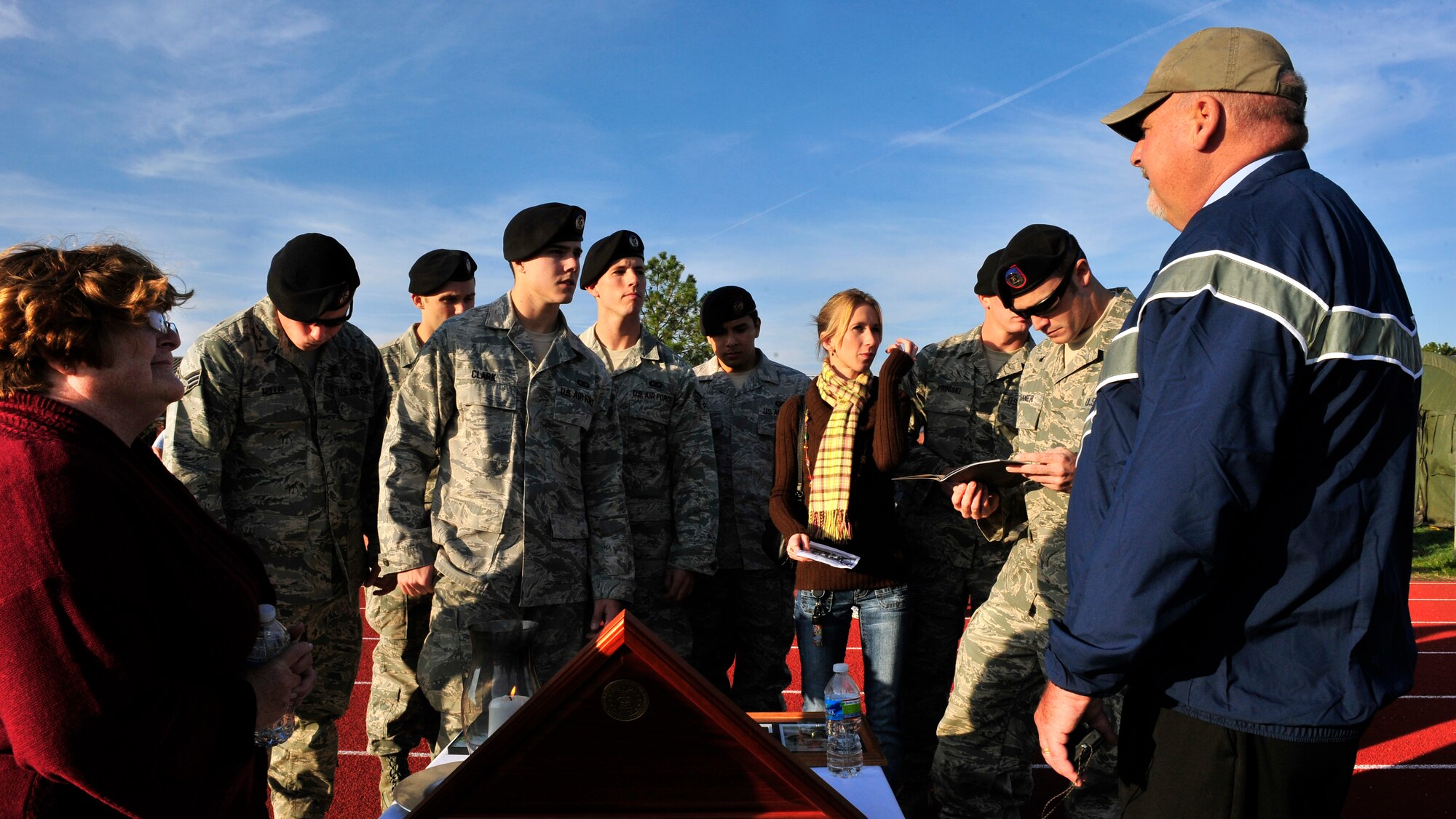 Paula and Gary Smith talk to members from their son’s unit Nov. 5 during the 24-hour Air Force Sergeants Association Veterans Day Vigil relay run honoring Senior Airman Bradley Smith from Troy, Ill. Bradley Smith was killed in action in January 2010. The vigil candle lit in honor of veterans past and present burned for the 24 hours relay.  (United States Air Force photo/ Staff Sgt. Stephenie Wade)