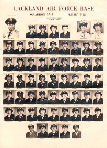 Edwina Hamby-Nix, Senior Airman Christine Clucas's grandmother, (third row, second column) in her basic military training flight page from January 1956. Recently, Clucas went on a search to discover information about her grandmother who she never really got the chance to know since she passed away while Clucas was a baby. (U.S. Air Force illustartion/Released)