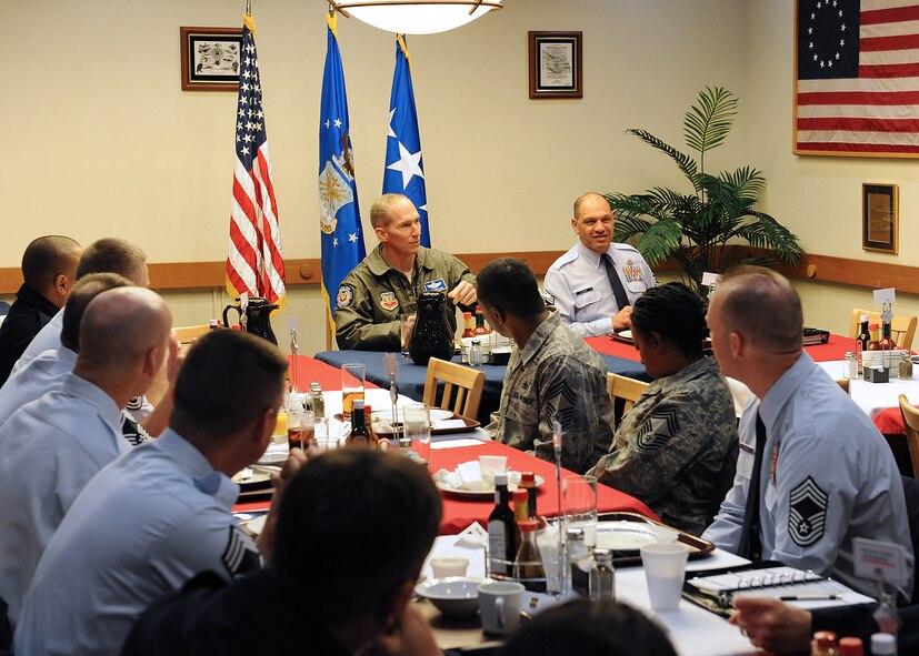 Commander of Air Combat Command, Gen. Mike Hostage, talks to the chiefs group during a question and answer breakfast at Beale Air Force Base, Calif., Nov. 7, 2011.  Hostage visited Beale to meet with wing members and gain a better understanding of the mission. (U.S. Air Force photo by Mr. John Schwab/Released)
