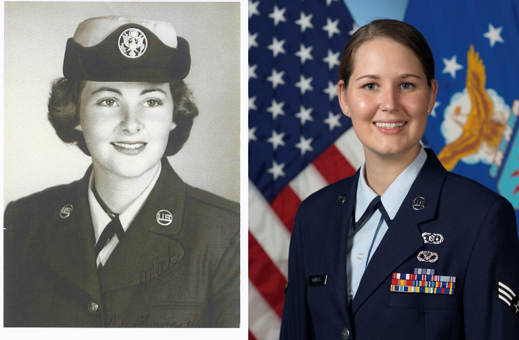 Senior Airman Christine Clucas', 20th Civil Engineer Squadron emergency management, official photo along side her grandmother, Edwina Hamby-Nix's official Air Force photo. Recently, Clucas has gone on a search to find out information about her grandmother that she never had the opportunity to know since she died at a young age.(U.S. Air Force illustration/Airman 1st Class Daniel Phelps/Released)