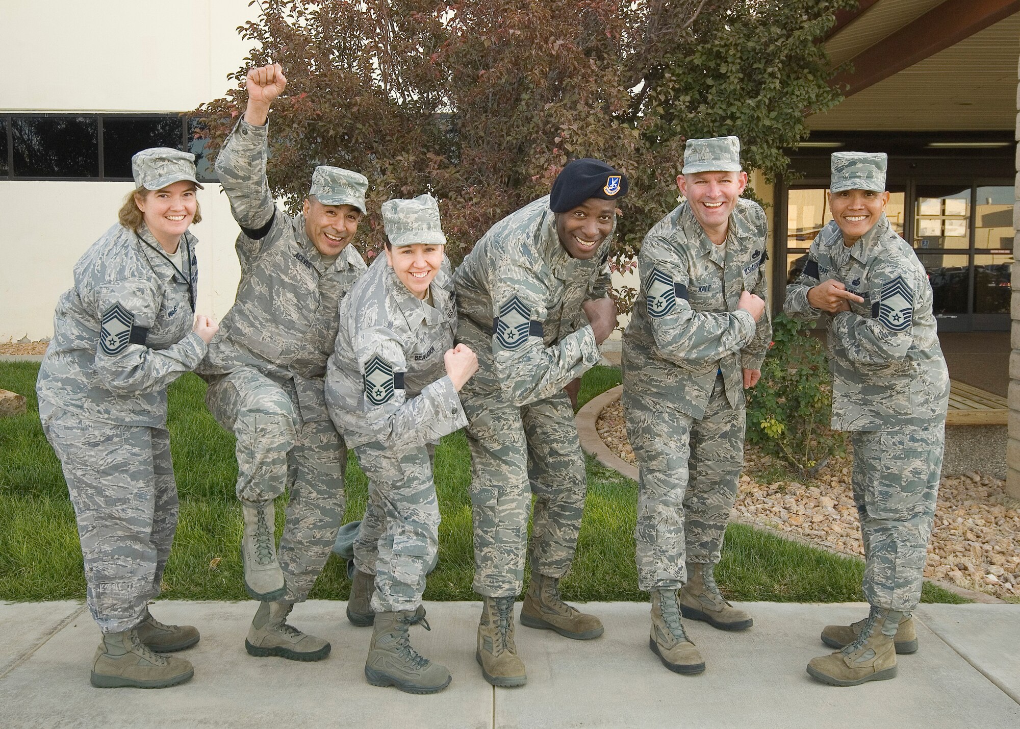 Six of the 7 Senior Master Sgts. selected for promotion to chief at Edwards
AFB here Thurs., celebrate their accomplishment. 

Pictured here are Senior Master Sgts.: 

Jennifer Wade, Air Force Operational Test and Evaluation Center, Det. 5  

Mario AcevesFonseca, 95th Medical Operations Squadron 

Christine Beaudion, 412th Maintenance Group 

Darrell Shelton, 95th Security Forces Squadron  

Allen Kale, 412th Maintenance Squadron 

Ruel Rafi, 95th Communications Squadron 

(U.S. Air Force Photo by Civ/Rob Densmore)
