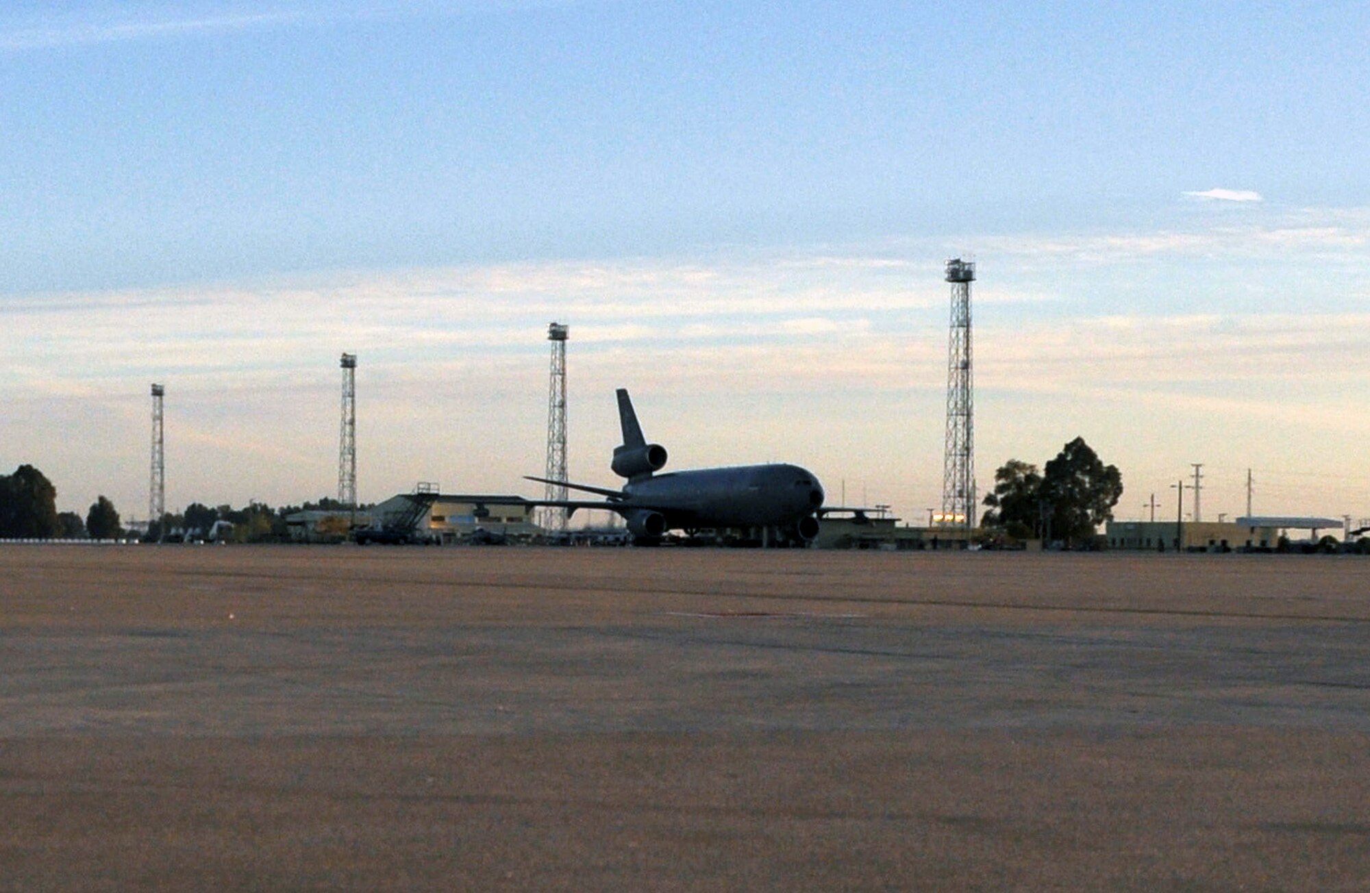 The last aircraft assigned to the 313th Air Expeditionary Wing -- a KC-10 Extender -- is parked on the flightline at a non-disclosed base in Western Europe on Nov. 7, 2011. The KC-10, from Joint Base McGuire-Dix-Lakehurst, N.J., departed the European deployed theater of operations. The 313th AEW provided air refueling assets to NATO during Operation Unified Protector -- the United Nations' mandated mission to protect citizens of Libya. The operation concluded Oct. 31, 2011. (U.S. Air Force Photo/Maj. Andra Higgs)