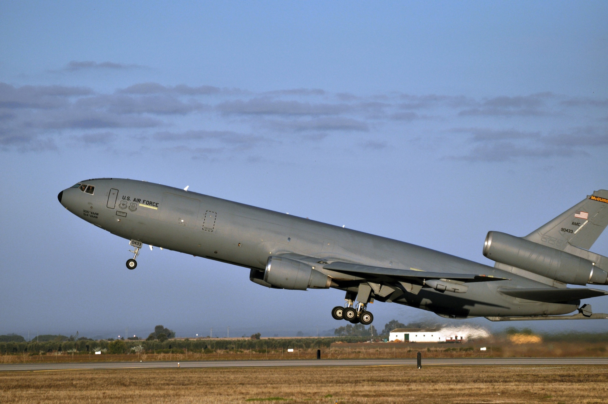 The last aircraft assigned to the 313th Air Expeditionary Wing -- a KC-10 Extender -- takes off from a non-disclosed base in Western Europe on Nov. 8, 2011. The KC-10, from Joint Base McGuire-Dix-Lakehurst, N.J., departed the European deployed theater of operations. The 313th AEW provided air refueling assets to NATO during Operation Unified Protector -- the United Nations' mandated mission to protect citizens of Libya. The operation concluded Oct. 31, 2011. (U.S. Air Force Photo/Maj. Andra Higgs)