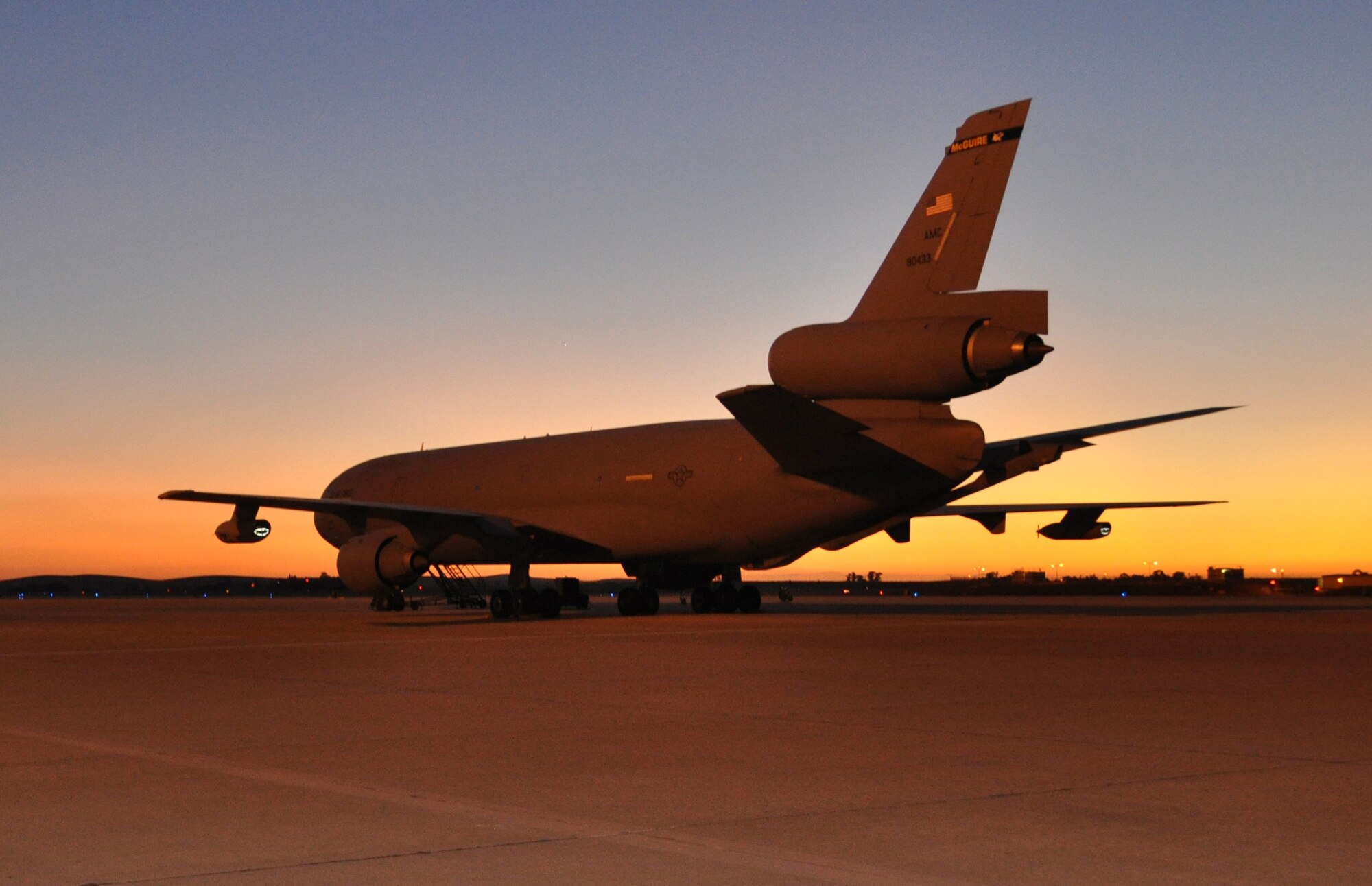 The last aircraft, a KC-10 Extender, deployed to the 313th Air Expeditionary Wing  in the European theater of operations, sits on the ramp at a non-disclosed base in Western Europe on Nov. 7, 2011. The KC-10, assigned to Joint Base McGuire-Dix-Lakehurst, N.J., departed the European theater on Nov. 8, 2011. The 313th AEW provided air refueling assets to NATO during Operation Unified Protector, the United Nations' mandated mission to protect citizens of Libya. The operation concluded Oct. 31, 2011. (U.S. Air Force Photo/Maj. Andra Higgs) 