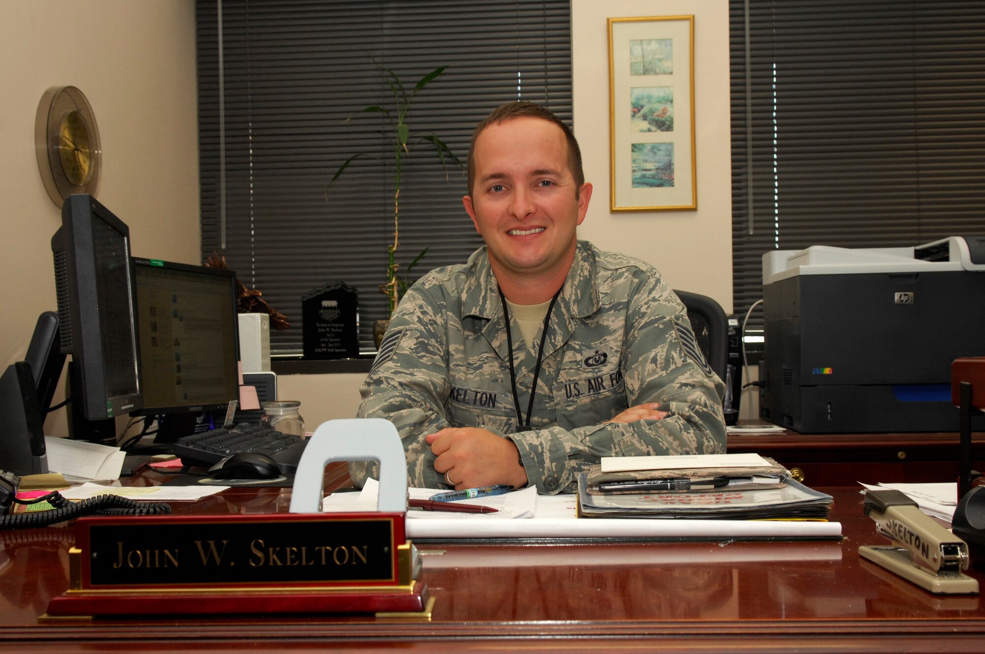 U.S. Air Force Tech. Sgt. John Skelton, 20th Fighter Wing wing safety, posses for a photo after winning the “Geico” Safety Award for Air Combat Command in traffic safety prevention, Shaw Air Force Base, S.C. Nov.9, 2011. Skelton worked with the Shaw team to coordinate events, teach safety classes, and create safety programs. Each of these actions led to the achievement of Skelton’s award. (U.S. Air Force photo by Airman 1st Class Ashley L. Gardner/ Released)