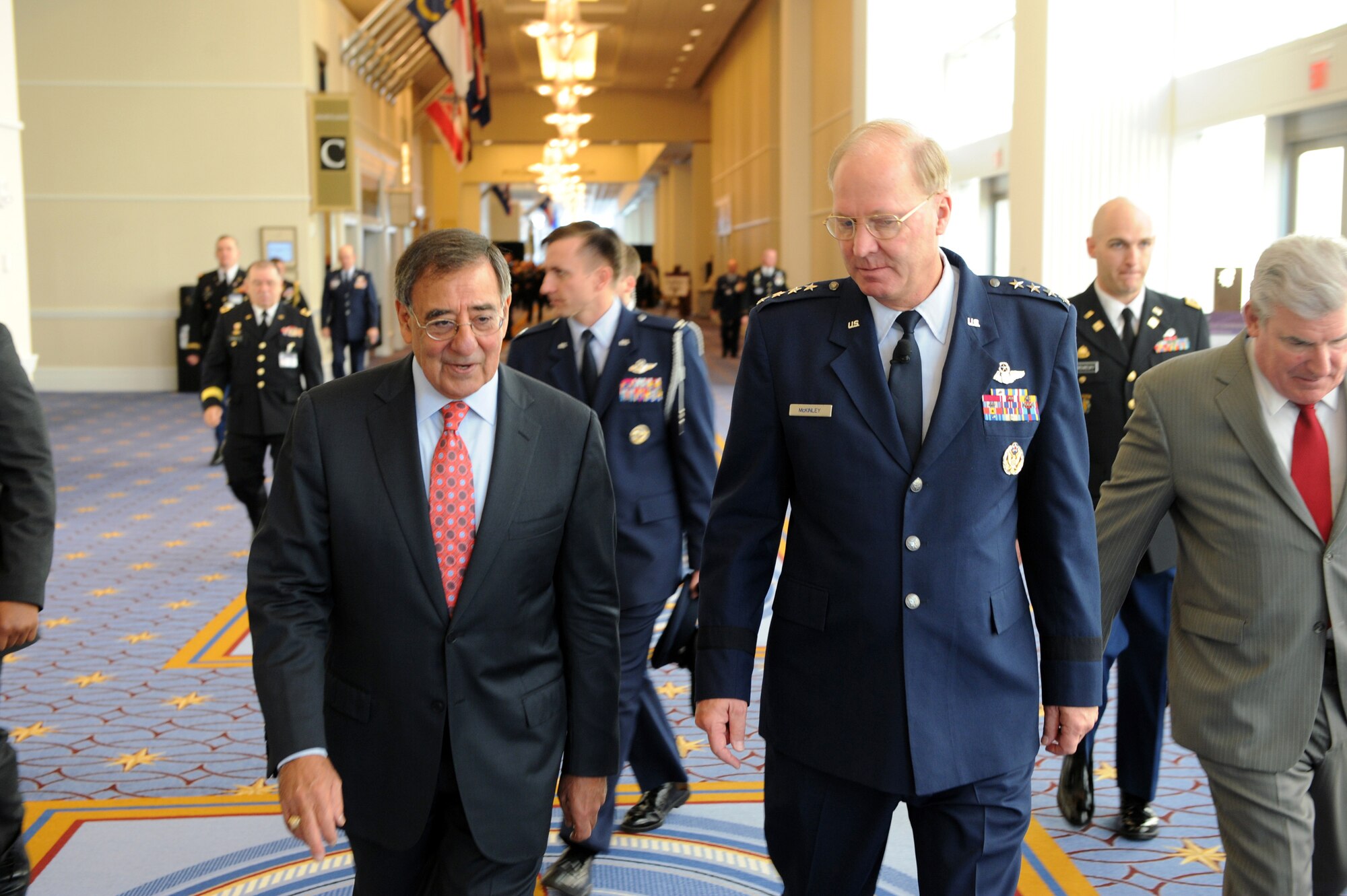 Secretary of Defense Leon Panetta talks with Air Force Gen. Craig McKinley, the chief of the National Guard Bureau, at the National Guard 2011 Joint Senior Leadership Conference in National Harbor, Md., Nov. 8, 2011. (Army National Guard photo by Staff Sgt. Jim Greenhill) (Released)