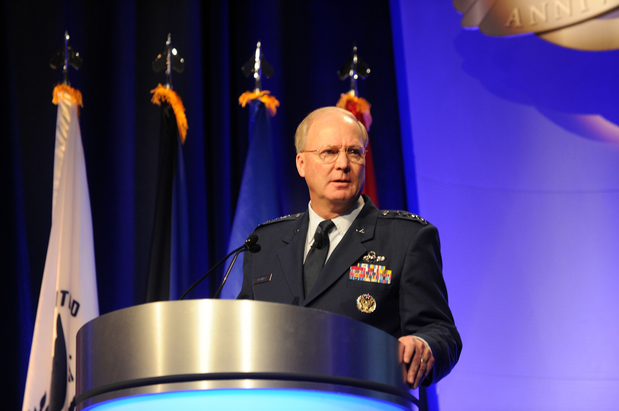 Air Force Gen. Craig McKinley, the chief of the National Guard Bureau, introduces Secretary of Defense Leon Panetta at the National Guard 2011 Joint Senior Leadership Conference in National Harbor, Md., on Nov. 8, 2011. (Army National Guard photo by Staff Sgt. Jim Greenhill) (Released)