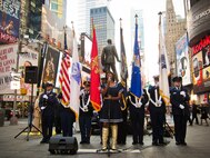 NEW YORK -- A joint service color guard representing Marines, Coast Guardsmen, soldiers, airmen, and sailors appeared at The Soldiers’, Sailors’, Marines’, Coast Guard & Airmens’ Club’s Salute our Veterans ceremony in Times Square, here, Nov. 9. The SSMCA president, William McShane, told the gathered crowd that this was an opportunity to publicly thank the “brave, fearless people that put their lives on the line to protect our freedom.” The club was founded in 1919 to provide a respite for service members of the World War in Manhattan. By 1937 they were the only New York City institution dedicated to the welfare of enlisted troops. They have hosted more than 3 million service members in their midtown hotel.(Marine Corps production by Sgt. Randall. A. Clinton / RELEASED)