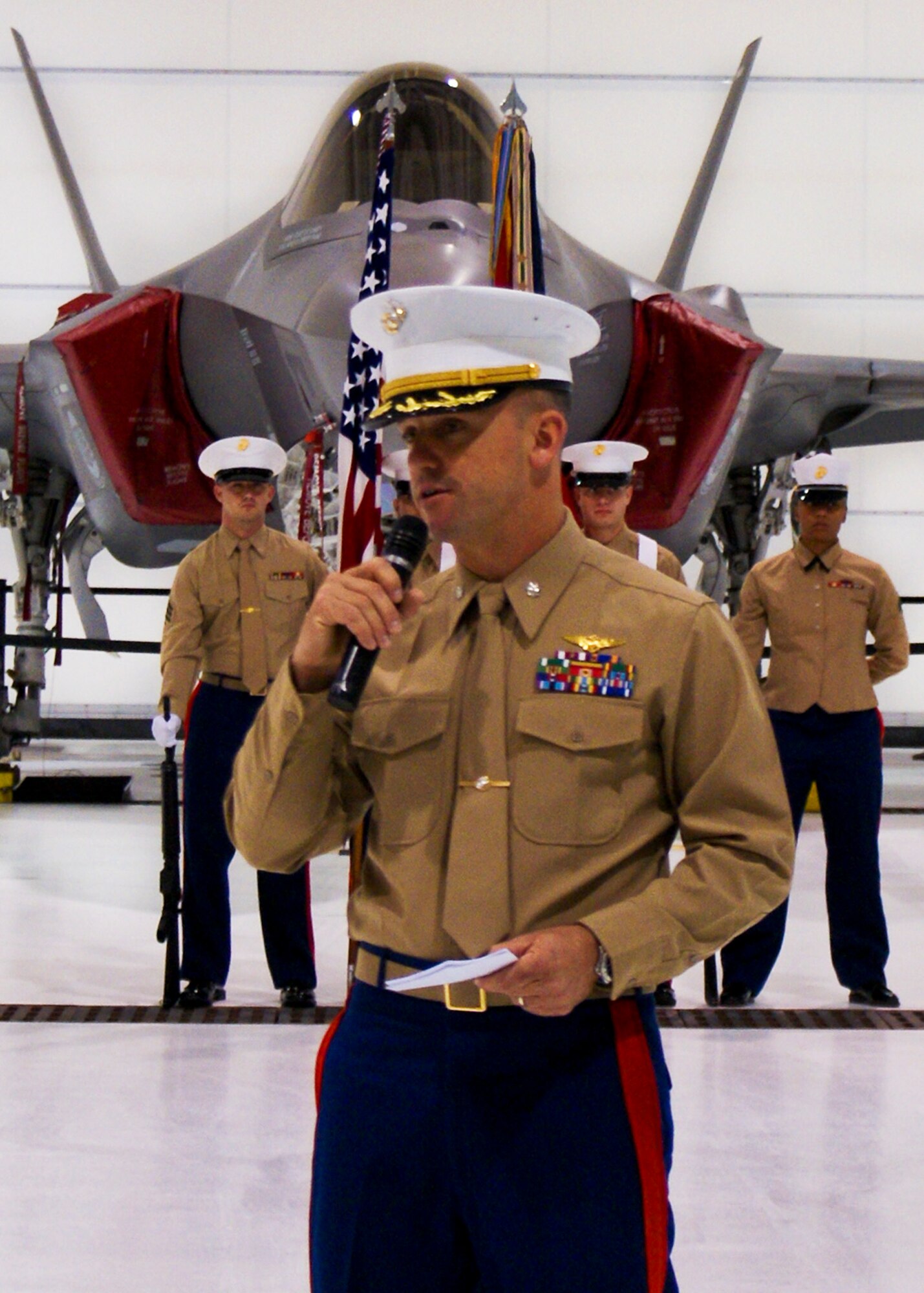 Lt. Col. James Wellons, Marine Fighter Attack Training Squadron 501 commander, speaks to the audience during the Marine Corp birthday cake cutting ceremony Nov. 10 at Eglin Air Force Base, Fla.  The ceremony was held by the men and women of the Marine Fighter Attack Training Squadron 501 (Photo by Marine Staff Sgt. Stacey Ann Viner)
