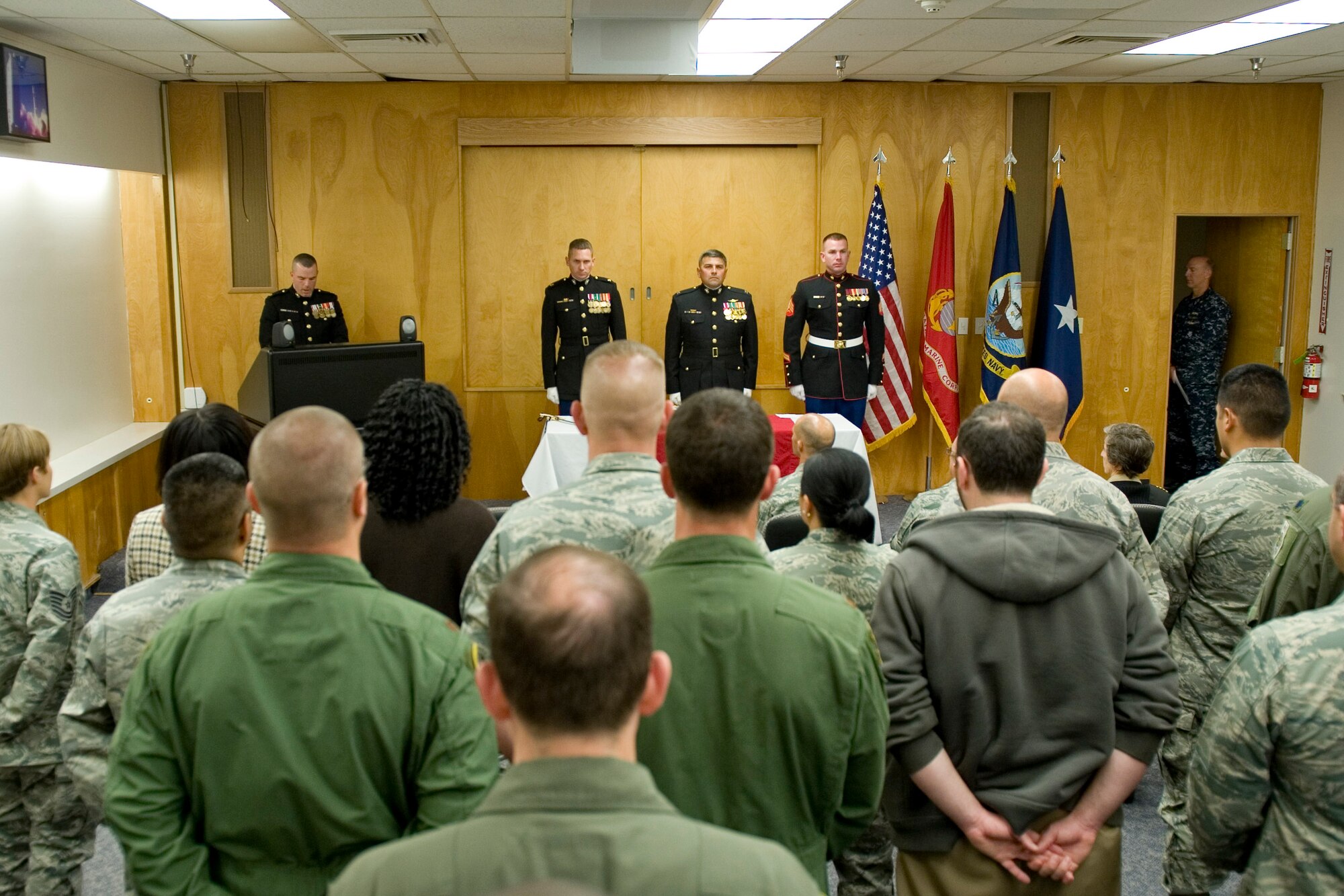 VANDENBERG AIR FORCE BASE, Calif. - Members of the Joint Space Operations Center here attend the 236th U.S. Marine Corps birthday celebration to support the four Marines they have on staff Thursday, Nov. 10, 2011. Formed in 1775, the USMC has served in every American armed conflict and has the unique ability to rapidly deploy a combined-arms task force to almost anywhere in the world within days. (U.S. Air Force photo/Staff Sgt. Levi Riendeau)
