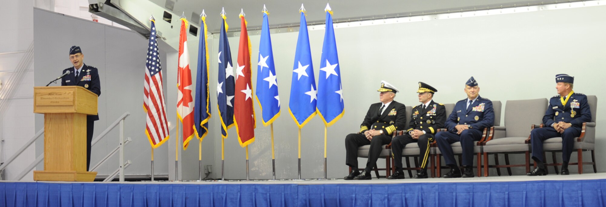 Lt. Gen. Stephen Hoog addresses the men and women of Alaskan Command during the change of command ceremony at Joint Base Elmendorf-Richardson, Alaska, Nov. 7. Hoog assumed the Alaskan Command, Eleventh Air Force, Alaskan North American Aerospace Defense Command Region and Joint Task Force Alaska command from Lt. Gen. Dana Atkins, who is retiring after 36 years of service.  (U.S. Air Force photo/Senior Airman Cynthia Spalding)
