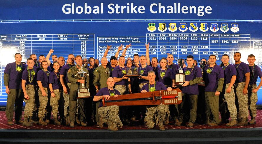 The 2nd Bomb Wing from Barksdale AFB, La., was awarded the Spirit Bell for Best respresenting Global Strike Challenge teamwork and esprit de corps during the second night of the Global Strike Challenge score posting at Barksdale Air Force Base, La., Nov. 9. Global Strike Challenge is an amalgam of the best of the historic bomb competition and the former missile competition held under previous major commands that owned the missile and bomber missions at the time. Global Strike Challenge is unique when compared to those competitions because it includes operations, maintenance and security force participants from both the missile and bomber communities under the 2-year-old Air Force Global Strike Command. It also welcomes teams and weapon systems from other major commands. (U.S. Air Force photo by Airman 1st Class Micaiah Anthony)