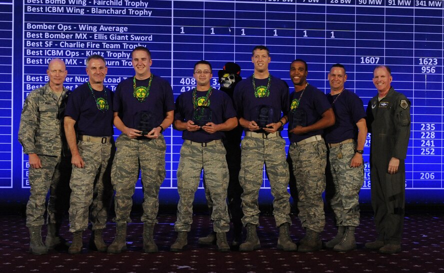 The 2nd Bomb Wing from Barksdale AFB, La., was named the Best Bomber Conventional Load Team during the second night of the Global Strike Challenge score posting at Barksdale Air Force Base, La., Nov. 9. Global Strike Challenge is an amalgam of the best of the historic bomb competition and the former missile competition held under previous major commands that owned the missile and bomber missions at the time. Global Strike Challenge is unique when compared to those competitions because it includes operations, maintenance and security force participants from both the missile and bomber communities under the 2-year-old Air Force Global Strike Command. It also welcomes teams and weapon systems from other major commands. (U.S. Air Force photo by Airman 1st Class Micaiah Anthony) 